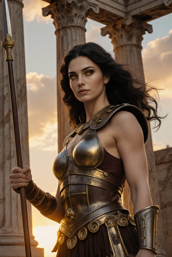 (Masterpiece) (Highest quality, 8k) professional photograph of (MariaAndrejczyk) as Kassandra from AC Odyssey. She's wearing a greek tunic with metallic armor pieces, Maria is tall and muscular, her brown hair is waving in the wind, she's smiling, brown eyes. She's standing in the mediterranean beach, in a beautiful beach. Santorini, the greek town is in the background. Maria is an epic adventure hero. <lora:add_detail:0.5>