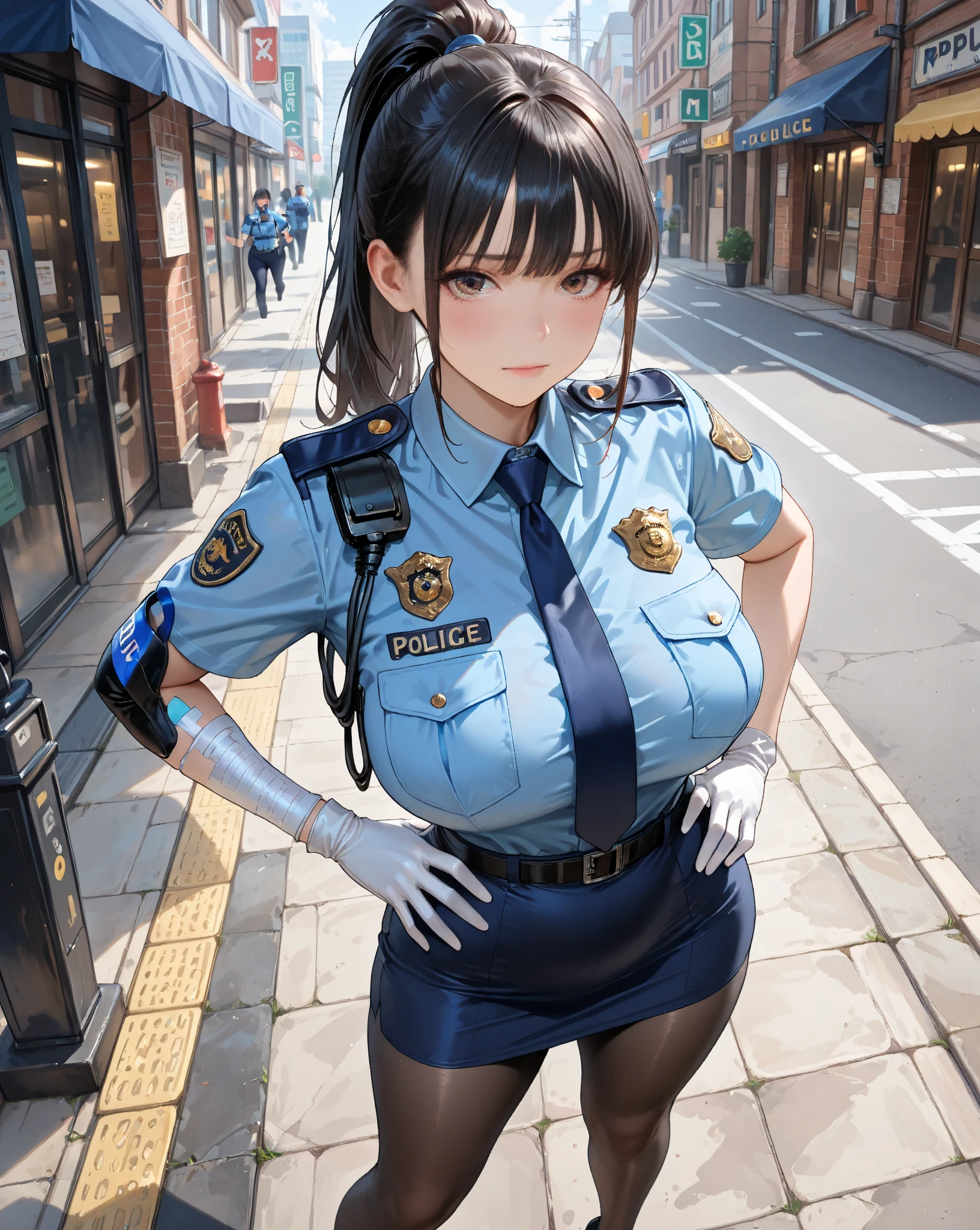 (solo:1.2), (1 policewoman), very tight miniskirt, thigh gap, highheels, narrow shoulders, (bursting disproportionately huge breasts:1.2), narrow waist, (slim hip), (skinny long legs), short hair