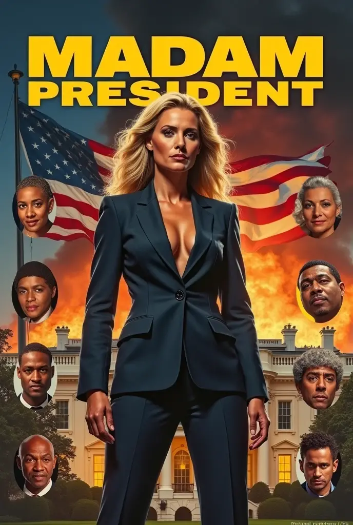 High quality, 2020s sci-fi movie poster, titled “Queen of the Final World” in bold large Yellow text on top. Filled with headshots of other actors layered besides each other. In the center is a (40 years old), tall voluptuous ((middle eastern woman)), dramatic pointing pose, holding a raygun, wide chin, big nose, broad shoulders, wide hips, thick thighs, blonde hair, red plastic helmet, golden shoulder pads, plunging neckline, (bare midriff), thigh-high boots, black cape.