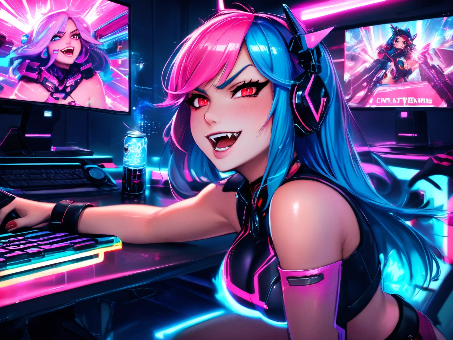 1girl, absurdly_long_hair, ahri, animal_ears, asymmetrical_legwear, bare_shoulders, black_gloves, blue_eyes, breasts, elbow_gloves, fox_ears, fox_tail, full_body, gloves, headphones, headset, long_hair, mismatched_legwear, pink_hair, skirt, solo, thighhighs, twintails, very_long_hair <hypernet:ulzzang-6500:1>