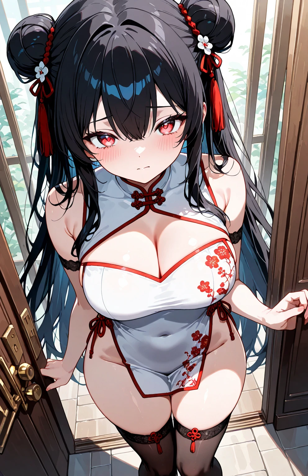 18-year-old girl，Baby Face，Crimson short-haired，ponytail hairstyle，Smile，Huge breasts，cleavage，Sheer red sleeveless top，Leave space in the middle to reveal cleavage，Soaked all over，Blushing，Red eyes，Female spy，Red miniskirt，White gloves，White hand sleeves，White boots，Science fiction，Future，Inside the mecha combat robot warehouse，robot driver，Pistol hanging on waist，No bangs