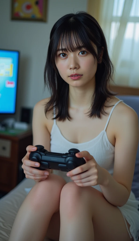 A girl with short black hair, smooth ass, wearing a white top and black pants, playing a ps1 video game