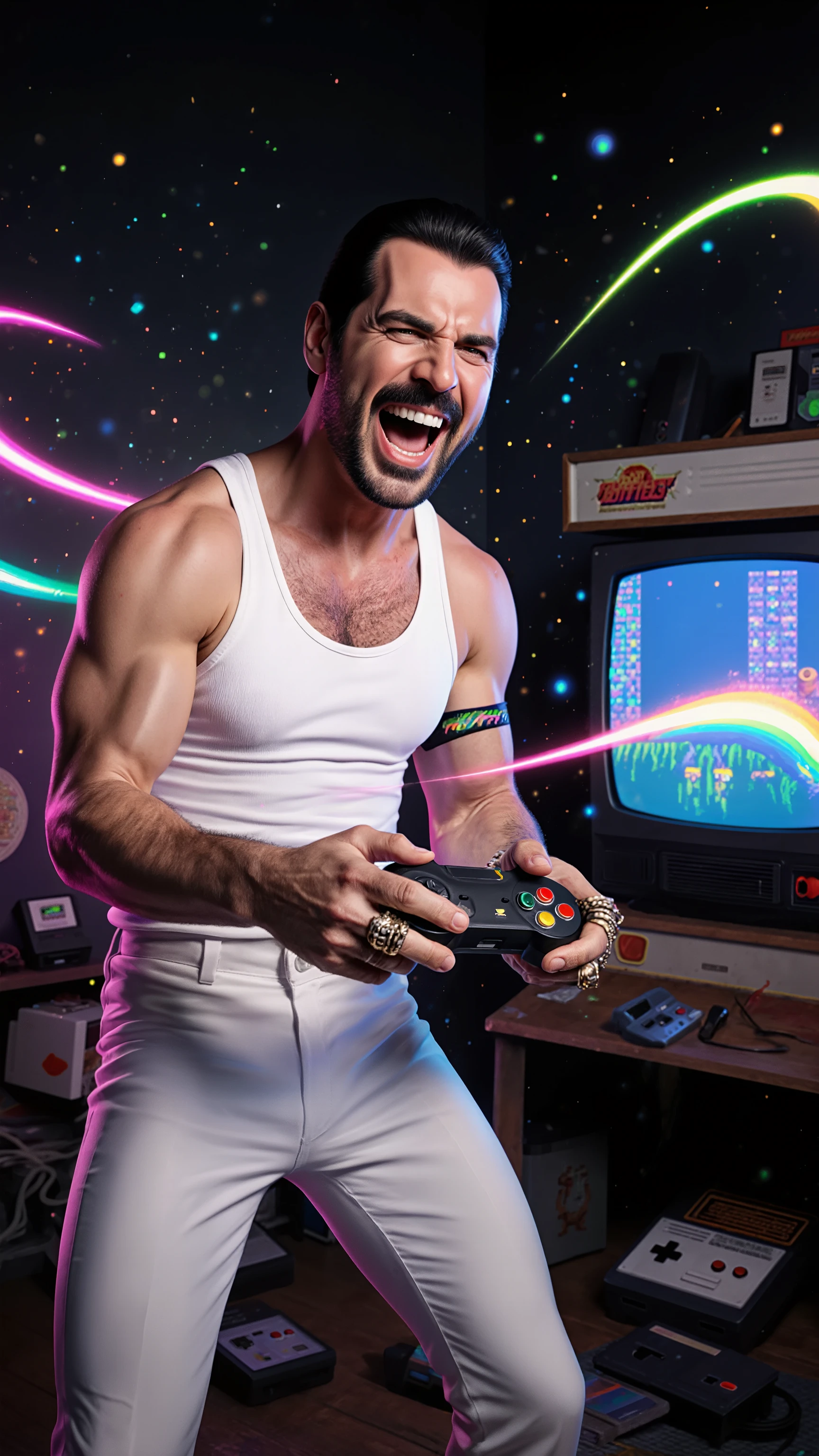 Highest Quality, Ultimate Resolution, Photo Realistic Freddy Mercury, - shimiken-style beard, radiant smile, excited expression, Focused Eyes, Hand Holding a Symbolic Overwork Retro Game Controller, Fingers Studded with Rings, Distinctive White Tank Top, tight white pants, Armband Stage Costume Style Gaming Poses, Passionate attitude, with a cheerful atmosphere, 80s Style Elements Expression Illuminated by Game Screen Light, Blue Light on CRT Television, Reflected Screen Light, Bright Lights in a Dark Room Scattered Pixel Effects, Retro Game 8-bit Style Particles, Rainbow Light Trails, Vintage Atmosphere, Retro Game Console Body, Scattered Game Cartridges Enthusiastic Rockstar Expressions, Joy at the Moment of Victory, Glamour as an Entertainer Dynamic Angles, Expression Reflected on the Game Screen, dramatic lighting effects