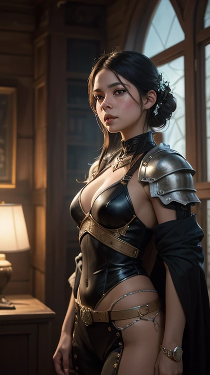 8K,Masterpiece,On the bed,leaning forward, White panties,(female knight), ponytail, Realistic, Sci-fi fantasy,Game characters,Slender figure,Cleavage,Separate Armor,Steampunk costumes,Dynamic Pose,