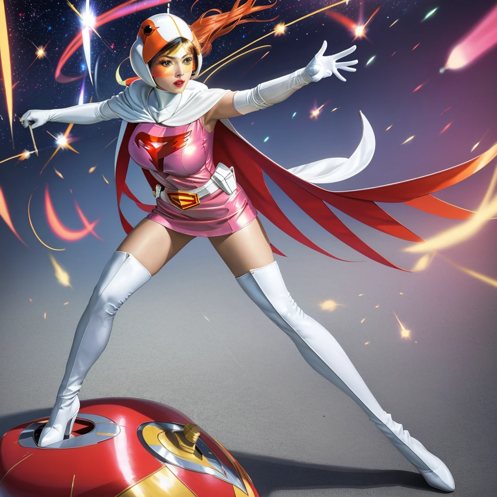 ANI_CLASSIC_jun_gatchaman_ownwaifu,1girl, 15yo,good anatomy, masterpiece, best quality, realistic, hyper realistic, 16k hdr, breasts, large breasts, lipstick, makeup, gloves, cape, helmet, belt, elbow gloves, white gloves, mask, ultra miniskirt, leotard, spacesuit, white tight overknee highheel boots, pink dress, superhero, bodysuit, cleavage, erected nipples,(sexy pose, from below:1.2),(spread legs:1.1),cameltoe