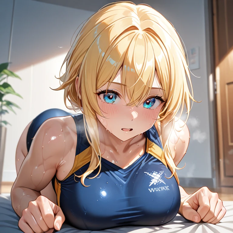 35 year old Russian, Visible nipples、Blonde belly short、Large size breasts, J cup breastature Woman、Squat posture、Spread your legs, Spread your legs, Only One Woman, One piece swimsuit、Navy blue school swimsuit、Front of body、looking at the camera、Scared、Shame play、Embarrassing、Are crying、Flowing Tears、Closed Mouth、barefoot、incontinence、Woman urinating in a dark room、Seriously angry、Support your chest with your hands