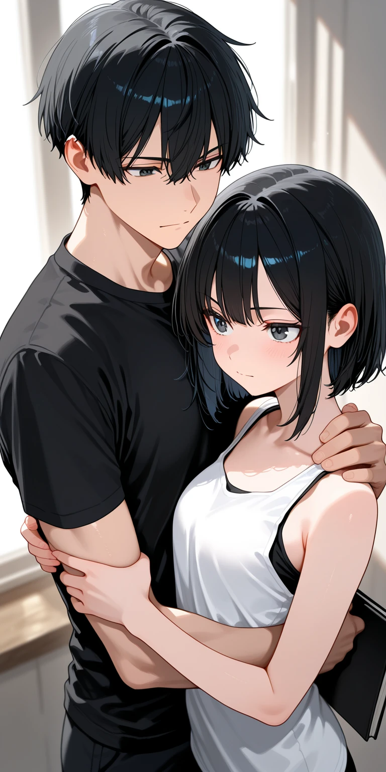 shinkai makoto, Kimi No Na Wa., 1 boy, Shaved head, , Boys are behind girls, Touching the chest, Rubbing breasts , grab, grabbing chest,chestgrab behind back, Remove your , Hold the , Embrace, Embrace, Kiss on the neck, One girl, Black Hair, Waterfall knitting, Red ribbon, Long Hair, Brown eyes, blue star necklace, Light Cardigan Pink, , Yellow shirt Open shift, belly button, White , White pants, cute, Open your mouth, whole body, Long sleeve, Cowboy Shot, masterpiece, On a date, Blushing, Bedroom, night, Sit on the bed , Shaved head,, are ,Armpit sweat,Shyness,clear,High exposure,Having my armpits licked,His arms are tied and he is hanging from a rope