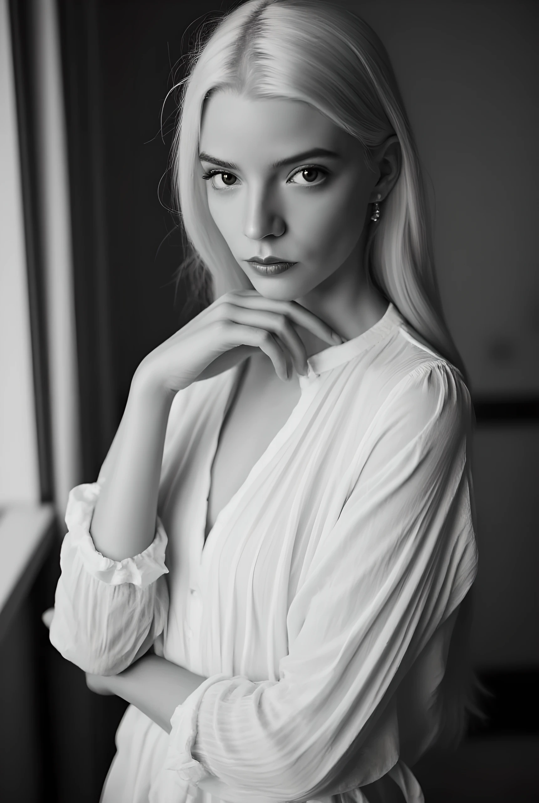 Portrait inspired by Peter Lindbergh's photographic style. Portrait in monochrome captures a girl in a contemplative pose. She has dark brown eyes and a sensual expression. Her long white hair is styled messily yet elegantly. She wears an open soft, billowy blouse with delicate, semi-transparent fabric that gathers at the sleeves, contributing to a romantic and timeless aesthetic. The texture and shading of the fabric emphasize its light, airy quality. Her posture is relaxed, with one hand gently resting on her shoulder and the other clasped around her waist, suggesting introspection or shyness. The lighting is soft, highlighting the curves and contours of her collarbone and the fabric's texture. The overall atmosphere is intimate and serene, evoking a sense of quiet elegance and grace. very detailed skin texture, with vellus hair, pores and barely noticeable wrinkles, emphasizing the true beauty. natural light skin tone. masterpiece. ultra-detailed. high quality. hyperrealism. intricate details.