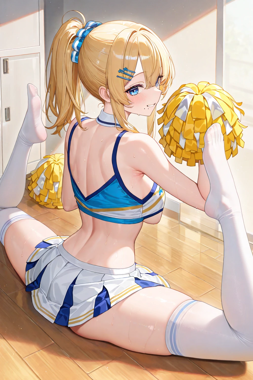 score_9, score_8_up, score_7_up, source_anime, rating_explicit, rating_safe, rating questionable, anime coloring, (anime cels style, high resolution, photorealistic), (super fine illustration:1.3), (best quality:1.2), (masterpiece:1.2), top-quality, delicate features, delicate skin, realism, beautiful lighting, 1girl, perfect face, perfect eyes, detailed hair, outfit perfect, beautiful breasts, perfect body, perfect anatomy, perfect chest, perfect hips, perfect legs and feet, perfect hands, perfect fingers, ((large breasts:0.8)), (small nipple:1.1), beautiful thigh, beautiful legs, curvy body, Attractive body, Voluptuous body, Attractive legs, ultra detailed eyes, Erotic, Pupils, sexy pose, dynamic pose, dynamic background, (shiny skin:1.2), ultra detailed clothing, pretty, cute, ((oily skin:1.3)), (Super oily and shiny skin with fine texture:1.1), beautiful oil-covered thighs, blush, aroused, happy, (light smile:1.4), open mouth, (orgasm), afterglow, (small labia majora:1.2), (small beautiful areola:1.3), (beautiful nipples:1.2), (perfect proportions), (sweat-soaked body), ((clothed)), (covered breasts:1.5), shiny clothes, shiny body, BREAK, ((indoors hotelroom)), bed, sensual look, 1 cute girl, (close to viewer), cowboy shot, intricate, (grabbing anothers leg), (1boy), penis, hetero, sweat, penis, pussy, solo focus, spread legs, legs up, cum, sex, vaginal, cum in pussy, lying on, on side, bouncing breasts, motion lines, motion blur, cameltoe, navel focus, blowing in the wind, flutter, kyoto style, (from beside), dutch angle, more detail XL, absurdres, (skirt lift), panty shot, love live!, ((ohara mari, blonde hair, yellow eyes, medium hair, ((single hair ring:1.4)), cheerleader, pom pom, \(cheerleading\), white panties, panties around one leg, white thighhigh,), ((blue cheergirl)), (motion sex), fine anime screencap, fine anime screencap, official art, official style, megami magazine,
