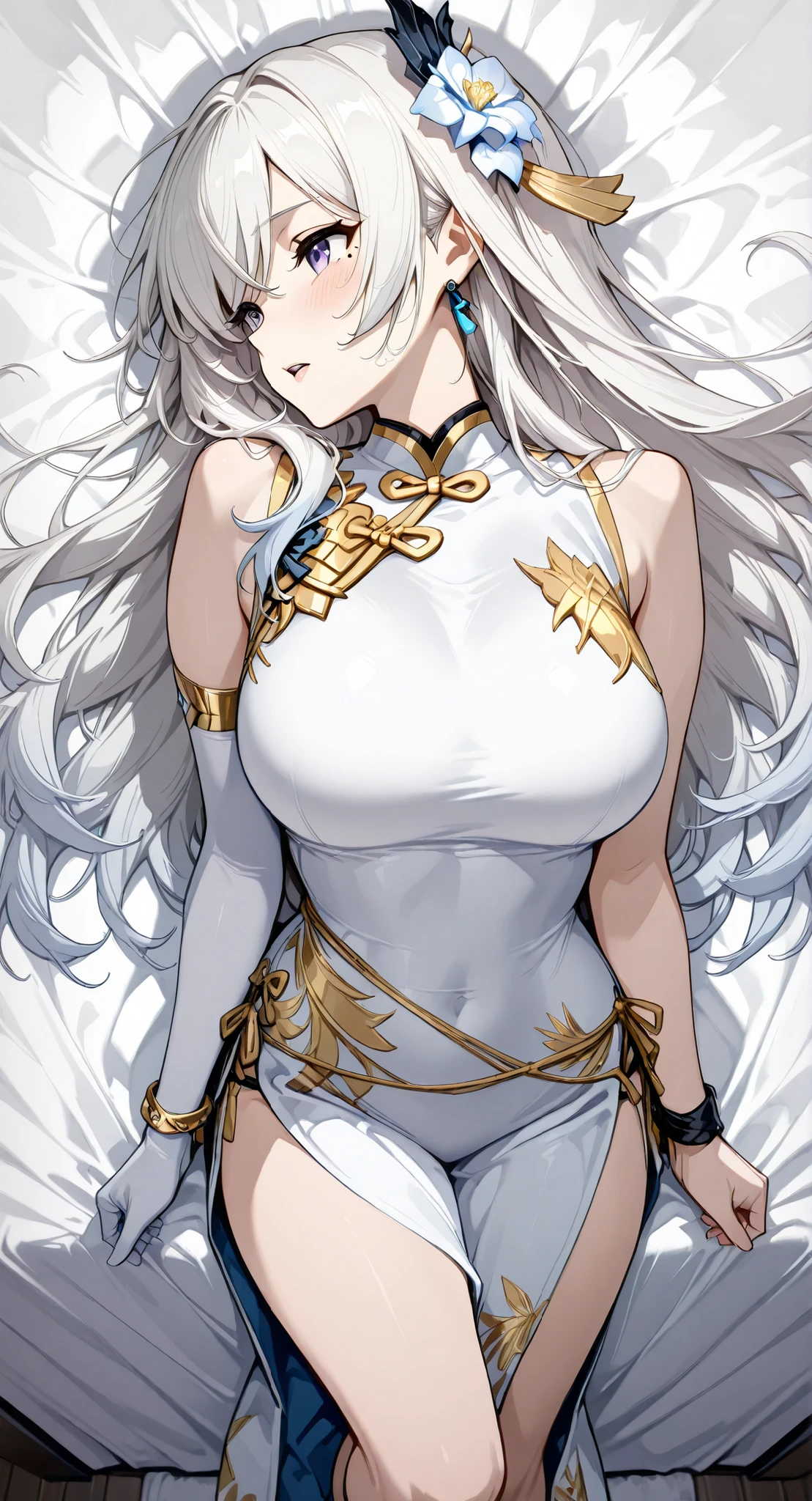 mole under eye、Armlet for left arm、bracelet for right wrist、sleeveless china ,anime girl Picture of a woman with long white hair and a flower in her hair, gray hairの deity, Anime Goddess, gray hairの, gray hairの lady, gray hair, Zodiac knight portrait girl lying on her back with her whole body, Haise Jinyao, Genshin Character、Keking, Full Body Senxia , Pictures of Women with Long White Hair Bound at the Back, Picture of a woman with long white hair, perfect gray hairの girl,large breasts with good shape,thin waist,mole under eye,long gloves,earrings,no background,moist eyes、kind eyes、kind expression、Blush、Open Lips 、 Very large bed、my whole body lies on a white sheet、turn your face completely straight to the side from here、orgasm、tether、Climax、 The hair bundled in the back is a braid, cowboy shot with a close cute face、 from above、 Feet outside the frame、 first-person view、, from side, wide shot, rotated, fisheye