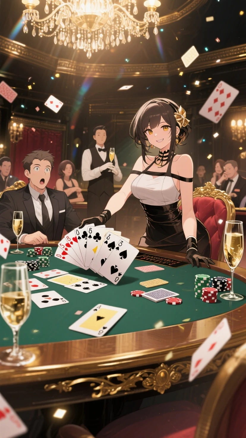 masterpiece, best quality,1girl,crowd, mature female,expressionless, large breasts, black hair,short hair,green eyes,tuxedo,white gloves,PlayingCards,holding, card, table, holding card, sitting, indoors, playing card, pov across table,looking at viewer, casino, coin,