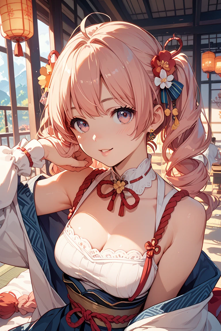 masterpiece, best quality, 1girl, solo, breasts, jewelry, earrings, cleavage, magatama, blue eyes, smile, closed mouth, ponytail, looking at viewer, asymmetrical hair, hair ornament, large breasts, japanese clothes, bare shoulders, detached sleeves, (masterpiece:1.47746), (highly_detailed:1.05), (highres:1.05), ultra detailed, 100-layers, long eyelashes, eyeliner, eyeshadow, mascara, extremely detailed, intricate, absurdres, small details, ultra detailed, detailed eyes, (intricate details, volumetric lighting, cinematic lighting, award-winning, macro vivid colors, rule of thirds, majestic, detailed, elegant),colorful, (highly_detailed:1.05), portrait, outdoors, cherry blossom petals, cherry blossom tree, petals