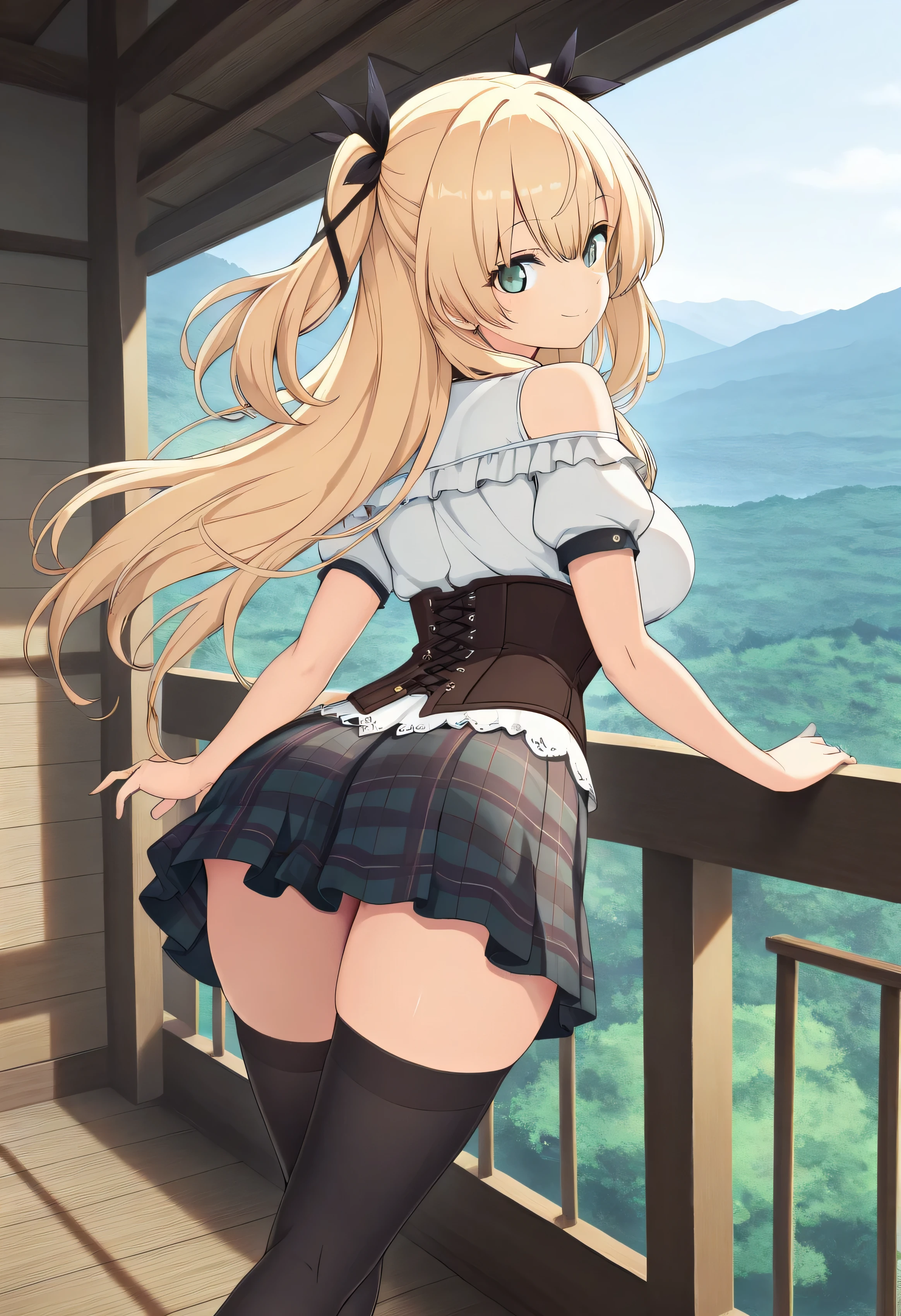 masterpiece, best quality, highres, scenery, newest, 1girl, official style, ren, blonde hair, green eyes, two side up, hair_ribbon, fully shoulders, white shirt, short sleeves, corset, plaid skirt, black thighhighs, five fingers, looking at viewer, smile, lies back behind, frontal view, bit big breats,