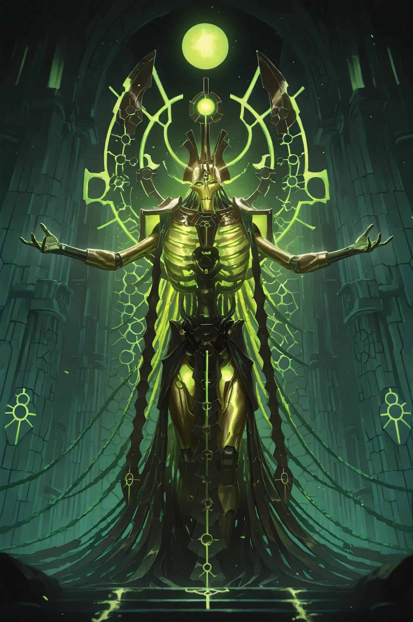 masterpiece, best quality, amazing quality, very aesthetic, high resolution, newest, hyper-detailed, (long shot),solo , 1 men ((Necron)), ((high Detailed Necron-Lord), One eyed gleam in green light, golden body, fantasy theme, front to the viewer, fan art, absurdres, amazing temple background, depth of field