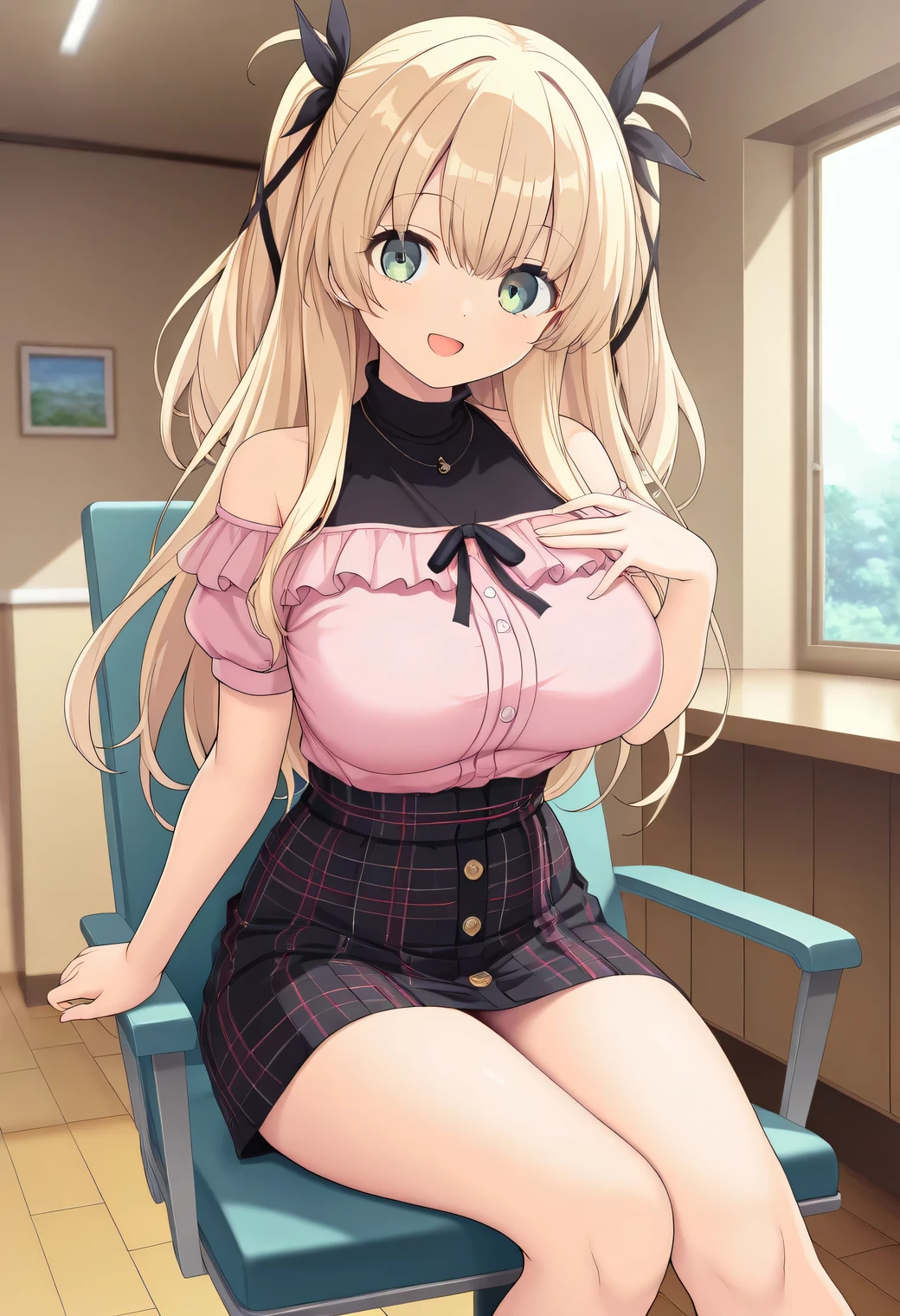 masterpiece, best quality, highres, scenery, newest, 1girl, official style, ren, blonde hair, green eyes, two side up, hair_ribbon, fully shoulders, pink shirt, short sleeves, jackets, plaid skirt, black skirts, five fingers, looking at viewer, happy smile open mouth, normal breast, sit chair, room,