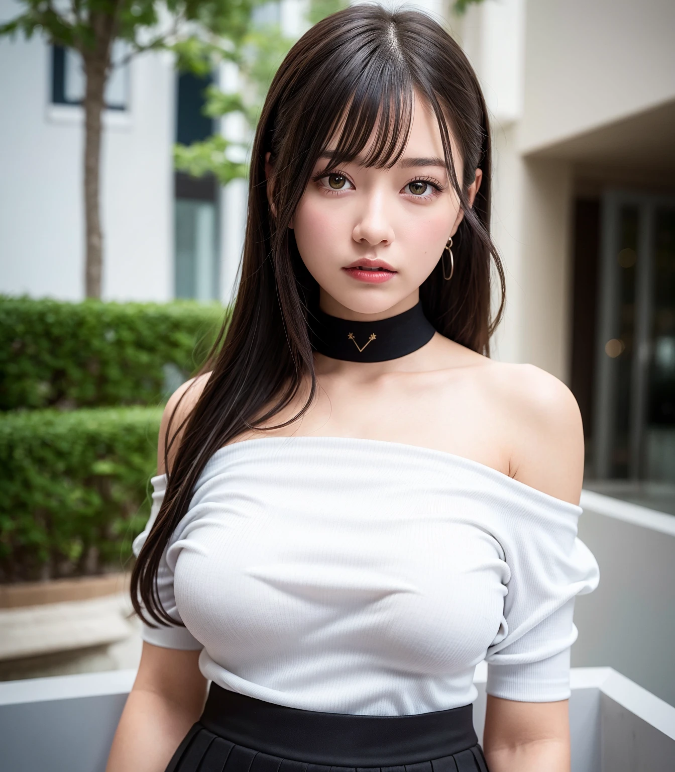 highest quality, Ultra-high resolution, (Realistic:1.4), One girl, off-the-shoulder white shirt, Black tight skirt, Black choker, (Faded grey hair:1), (Huge breasts:1.2), View Viewer, close ,