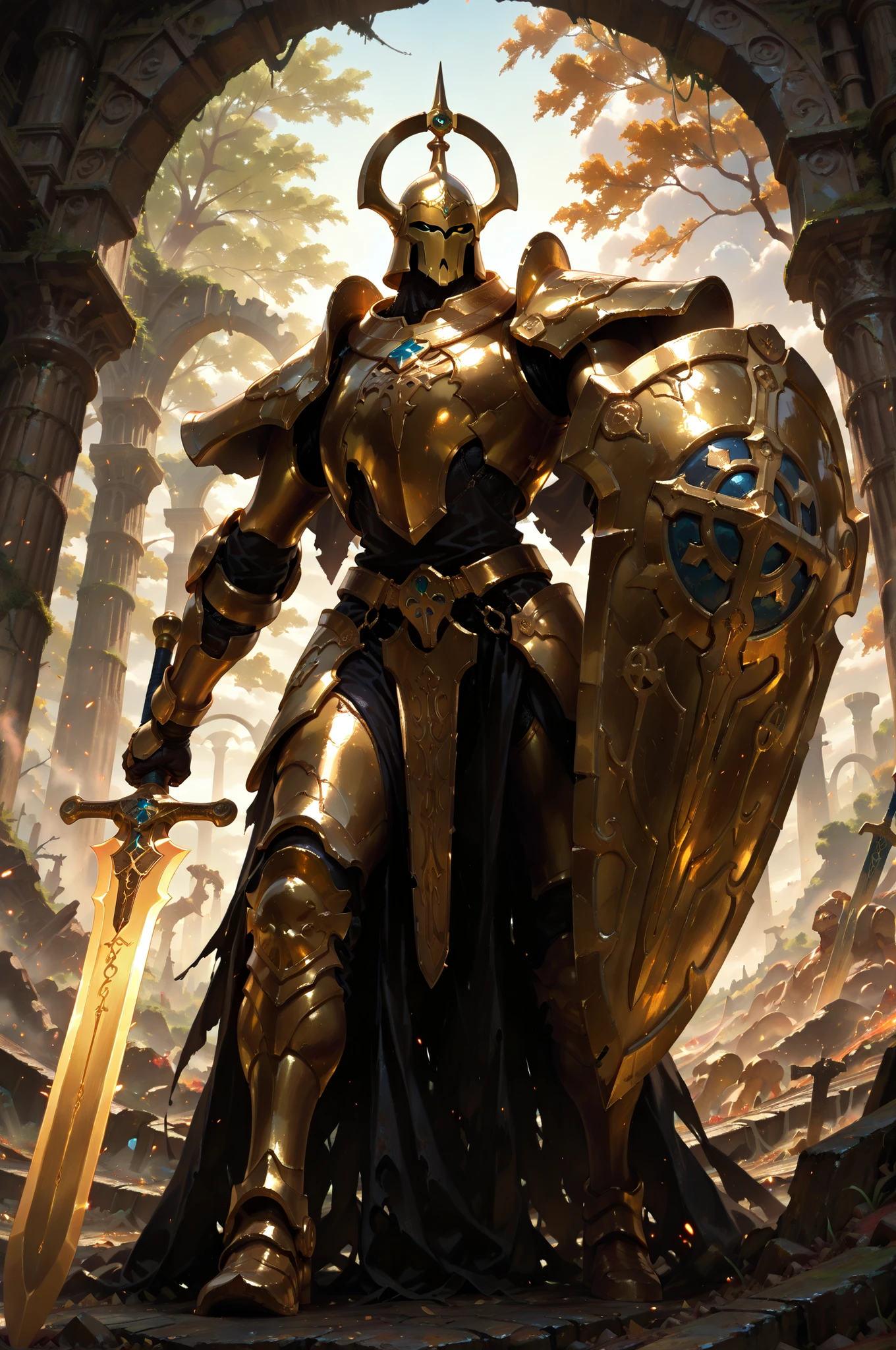 (masterpiece, best quality:1.2), highly detailed, fantasy theme, solo, 1 golem , golden armor, bearer heavy shield and long sword  a  ruins on background, fan art, 