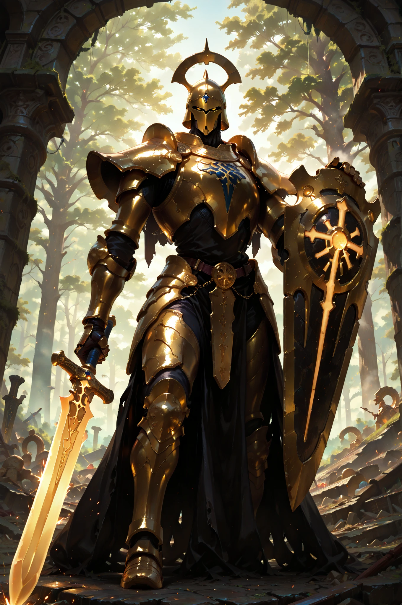 (masterpiece, best quality:1.2), highly detailed, fantasy theme, solo, 1 golem , golden armor, bearer heavy shield and long sword a ruins on background, fan art,