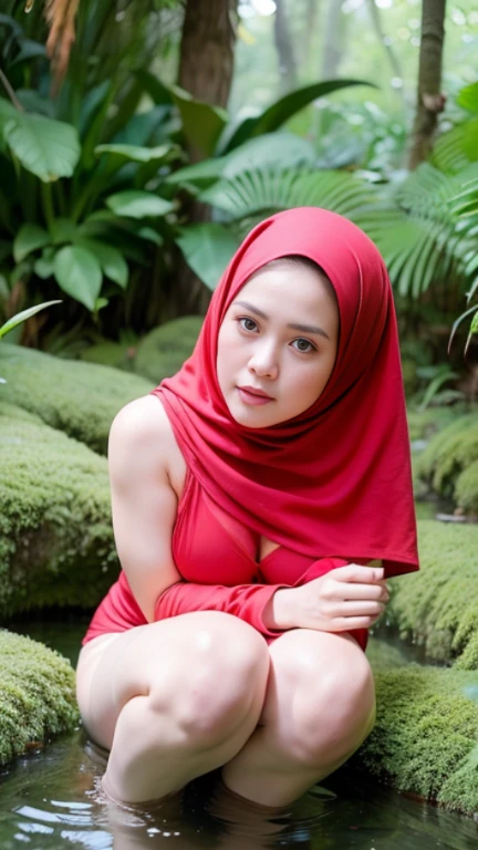 close-up portrait of a beautiful woman with red hijab, crouching pose in a jungle river, open leg, spread open leg squat, sunny day, pov from above, wearing red dress, tight, pear body shaped, small breast, reeds, (backlight), realistic, masterpiece, high quality, lens reflection, shadow, flower, [[chromatic aberration]]