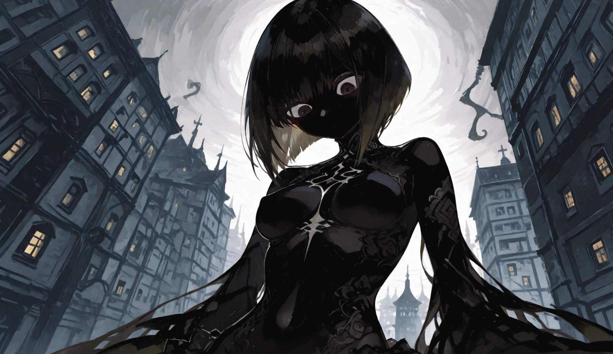 nsfw,(Big Eyes, huge Strange Creature girl, black short bob, look down, Bigger than a building), The Phantom of the Grand Guignol, BREAK, background\Shadow Town:1.2