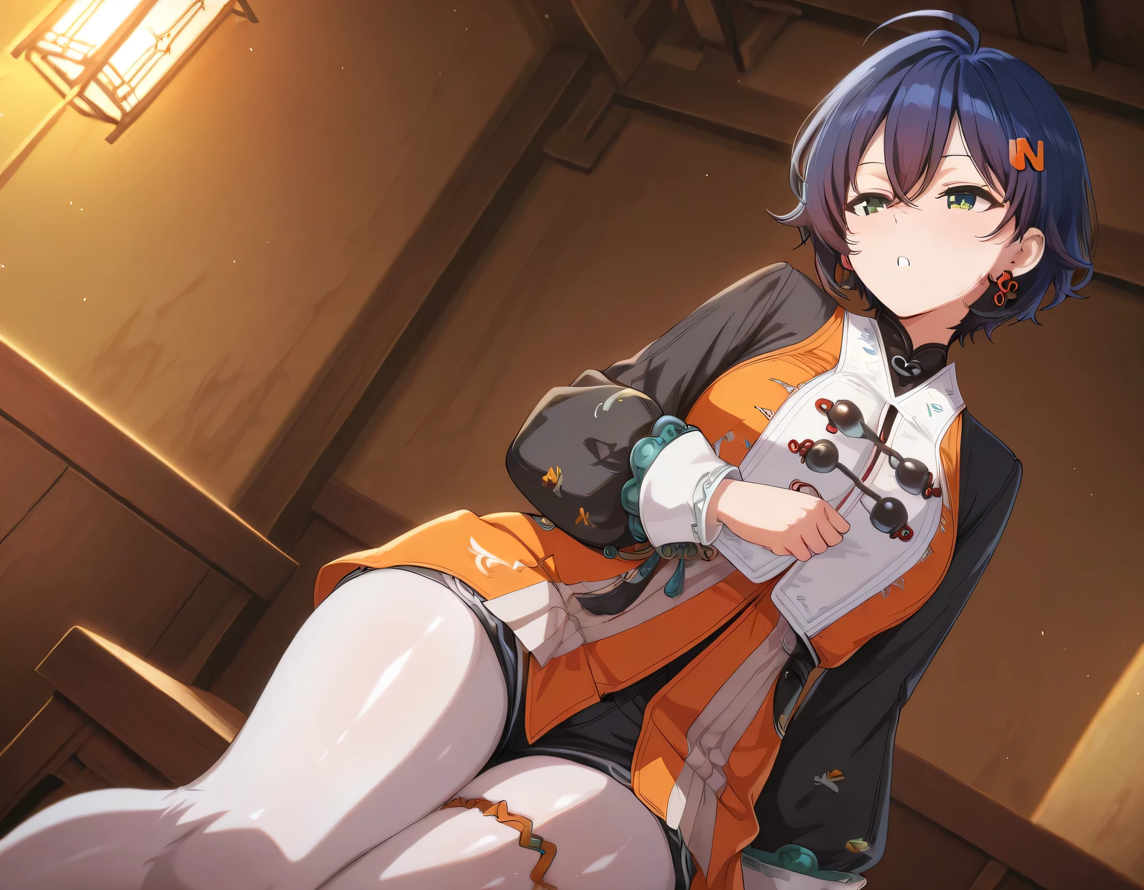 score_9 , score_8_up , score_7_source_anime detailed eyes,anime eyes,high detail eyes,multicolored iris,detailed iris,anime style, 4k masterpiece, best quality, girl, beautiful face, clean skin, shiny hair, shiny skin, beautiful face, perfect eyes, 4k high quality eyes, high quality brightness, best quality, 4k very aesthetic, absurd, perfect body quality, beautiful curves, perfect, perfect genitals, beautiful ambient light, beautiful aesthetics, very realistic scenery, 4k high quality, masterpiece, best quality, absurd, latest, high resolution, official art, best quality, absurd, latest, high resolution, official art, screenshot, anime screenshot, anime coloring, 1girl aabelle, green eyes, blue hair, multicolored hair, ahoge, bellewaifei, hair ornament, tassel earrings, orange dress, black sleeves, puffy long sleeves, black shorts, white pantyhose, thigh strap,