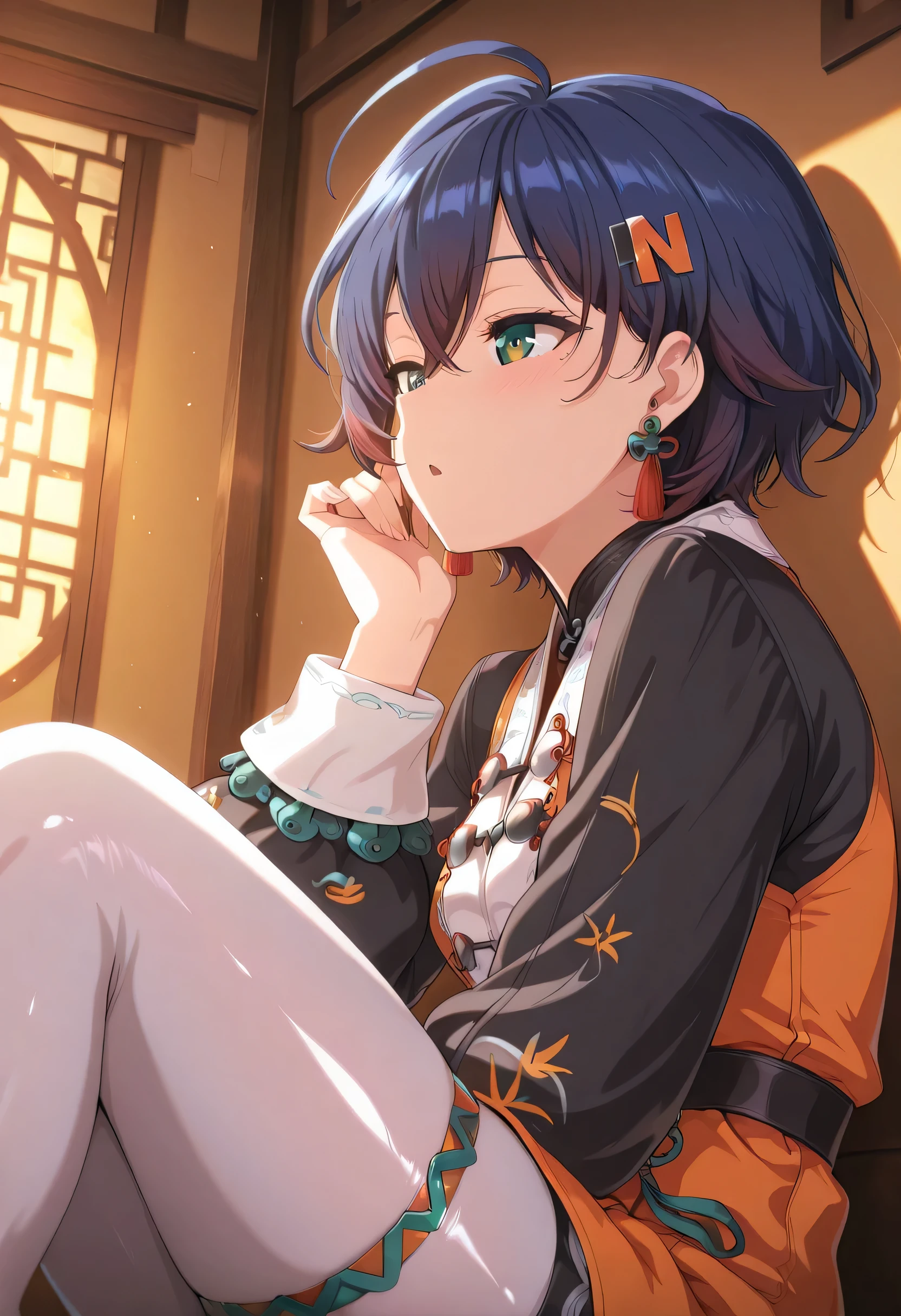 score_9 , score_8_up , score_7_source_anime detailed eyes,anime eyes,high detail eyes,multicolored iris,detailed iris,anime style, 4k masterpiece, best quality, girl, beautiful face, clean skin, shiny hair, shiny skin, beautiful face, perfect eyes, 4k high quality eyes, high quality brightness, best quality, 4k very aesthetic, absurd, perfect body quality, beautiful curves, perfect, perfect genitals, beautiful ambient light, beautiful aesthetics, very realistic scenery, 4k high quality, masterpiece, best quality, absurd, latest, high resolution, official art, best quality, absurd, latest, high resolution, official art, screenshot, anime screenshot, anime coloring, 1girl aabelle, green eyes, blue hair, multicolored hair, ahoge, bellewaifei, hair ornament, tassel earrings, orange dress, black sleeves, puffy long sleeves, black shorts, white pantyhose, thigh strap,