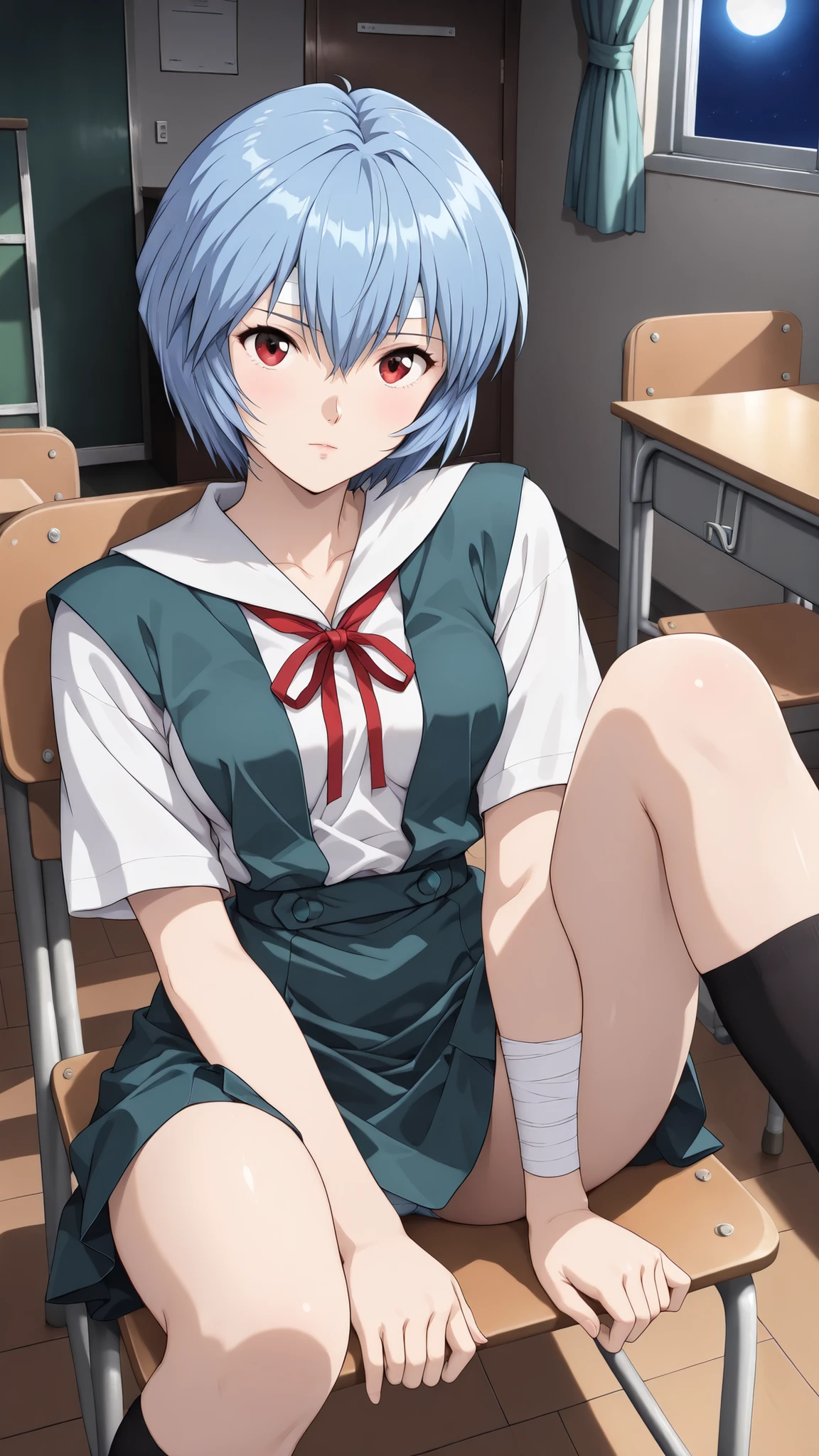 cinematic, (masterpiece), (Highest Quality), (Super Detailed), very aesthetic, illustration, realistic illustration, Perfect configuration, complicated details, super high resolution, detailed face, (anime, masterpiece, complicated:1.3), (Highest Quality, high resolution textures, very detailed:1.2), (4K),(incredibly detailed:1.4),detail eyes,   Real Shadow,  1girl,Ayanami Rei from below, (school uniform,bandage,)
bright room、sit on a chair、cross your legsいる、,moonlight,1980’s anime style, ,effect ,(show The Dark Knight:1.3)、chairs in the classroom、cross your legs、open 、cowgirl position