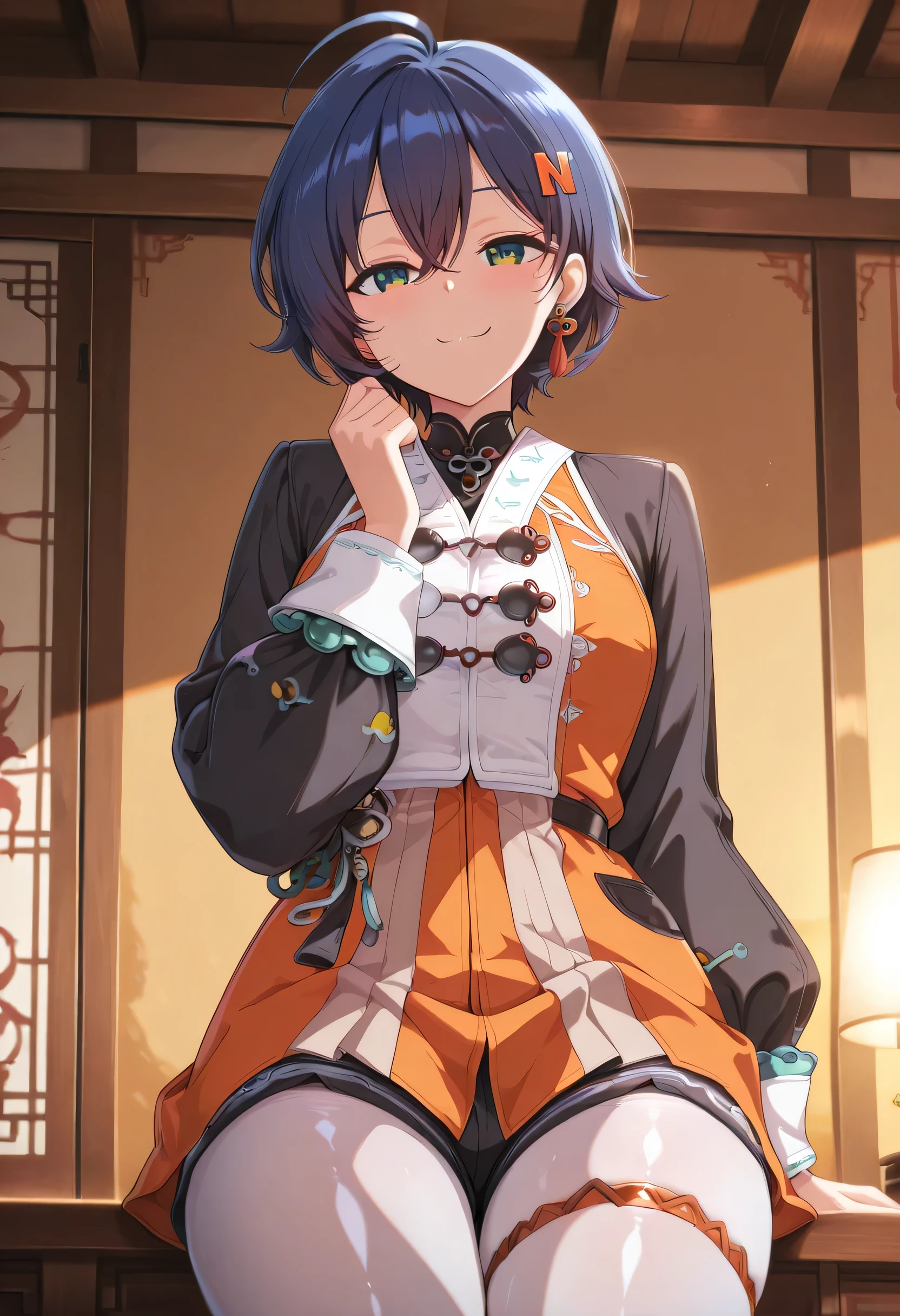 score_9 , score_8_up , score_7_source_anime detailed eyes,anime eyes,high detail eyes,multicolored iris,detailed iris,anime style, 4k masterpiece, best quality, girl, beautiful face, clean skin, shiny hair, shiny skin, beautiful face, perfect eyes, 4k high quality eyes, high quality brightness, best quality, 4k very aesthetic, absurd, perfect body quality, beautiful curves, perfect, perfect genitals, beautiful ambient light, beautiful aesthetics, very realistic scenery, 4k high quality, masterpiece, best quality, absurd, latest, high resolution, official art, best quality, absurd, latest, high resolution, official art, screenshot, anime screenshot, anime coloring, 1girl aabelle, green eyes, blue hair, multicolored hair, ahoge, bellewaifei, hair ornament, tassel earrings, orange dress, black sleeves, puffy long sleeves, black shorts, white pantyhose, thigh strap,