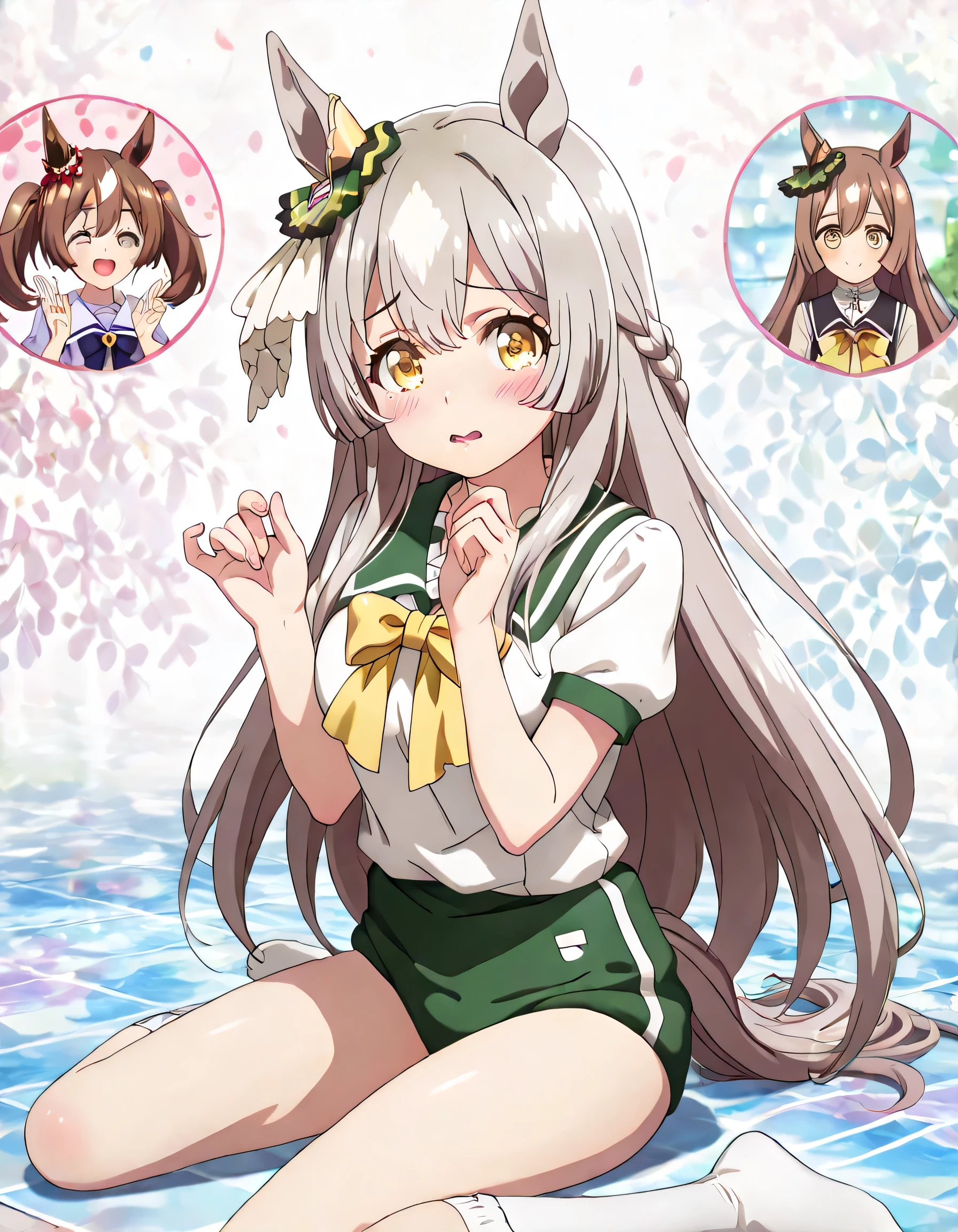 ((ultra-detailed)), (highly detailed CG illustration), (best quality:1.2), ultra-highly detailed, colorful composition, artistic photoshoot, 1girl, solo focus, upper body:1.3, moe anime character,round face, rounded chin:1.2, short stature, styoung, horse girl, yellow eyes, ear ornament, casual, white gym uniform with light green rim:1.3, light green school gym buruma, full body view, intricate design, graceful posture, poised expression, delicate curls, soft shading, harmonious color palette, ethereal ambiance, sitting, pink lips, gentle smile:1.2, blush:1.2, from side, dynamic pose, contrapposto pose,kawaii background, best quality, masterpiece, portrait, depth of field, soft lighting, sidelighting, shine, lighting, caustics, ray tracing, perfect face, lustrous skin, highly detailed face, highly detailed eyes, perfect face, perfect nose, perfect hair, perfect eyes, perfect anatomy, beautiful hair, beautiful small face, extremely detailed face, beautiful detailed eyes, beautiful clavicle, beautiful body, beautiful ample breasts, leavage, breasts squeezed together, equalize the size of the left and right breasts, beautiful thin thighs, beautiful legs, beautiful fingers, 4 fingers, 1 thumb, lovely, (very detailed background:1.0), (highly detailed background:1.0), kawaii aesthetic, intricate details, girly atmosphere, pastel colors palette, chromatic aberration