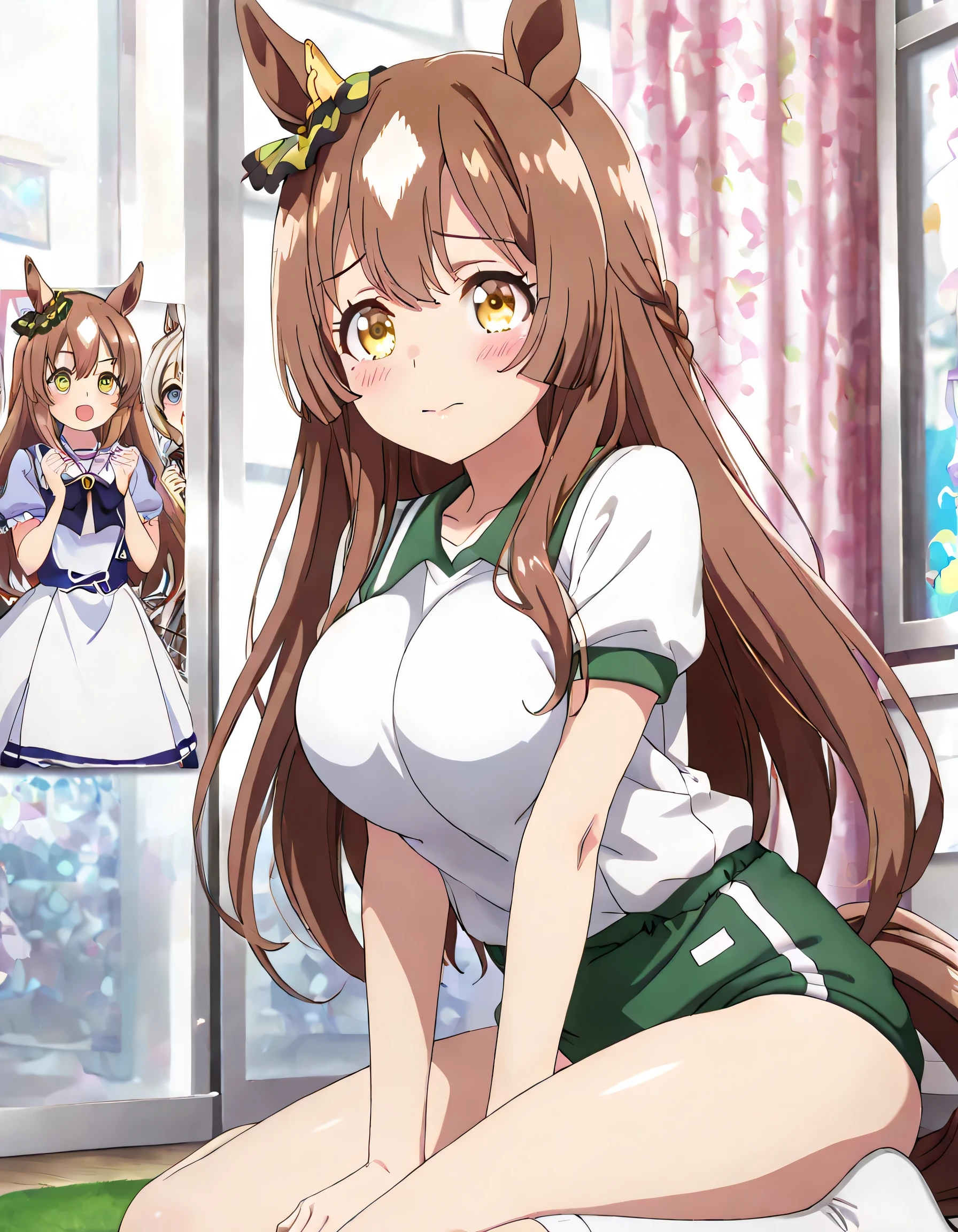 ((ultra-detailed)), (highly detailed CG illustration), (best quality:1.2), ultra-highly detailed, colorful composition, artistic photoshoot, 1girl, solo focus, upper body:1.3, moe anime character,round face, rounded chin:1.2, short stature, styoung, horse girl, yellow eyes, ear ornament, casual, white gym uniform with light green rim:1.3, light green school gym buruma, full body view, intricate design, graceful posture, poised expression, delicate curls, soft shading, harmonious color palette, ethereal ambiance, sitting, pink lips, gentle smile:1.2, blush:1.2, from side, dynamic pose, contrapposto pose,kawaii background, best quality, masterpiece, portrait, depth of field, soft lighting, sidelighting, shine, lighting, caustics, ray tracing, perfect face, lustrous skin, highly detailed face, highly detailed eyes, perfect face, perfect nose, perfect hair, perfect eyes, perfect anatomy, beautiful hair, beautiful small face, extremely detailed face, beautiful detailed eyes, beautiful clavicle, beautiful body, beautiful ample breasts, leavage, breasts squeezed together, equalize the size of the left and right breasts, beautiful thin thighs, beautiful legs, beautiful fingers, 4 fingers, 1 thumb, lovely, (very detailed background:1.0), (highly detailed background:1.0), kawaii aesthetic, intricate details, girly atmosphere, pastel colors palette, chromatic aberration