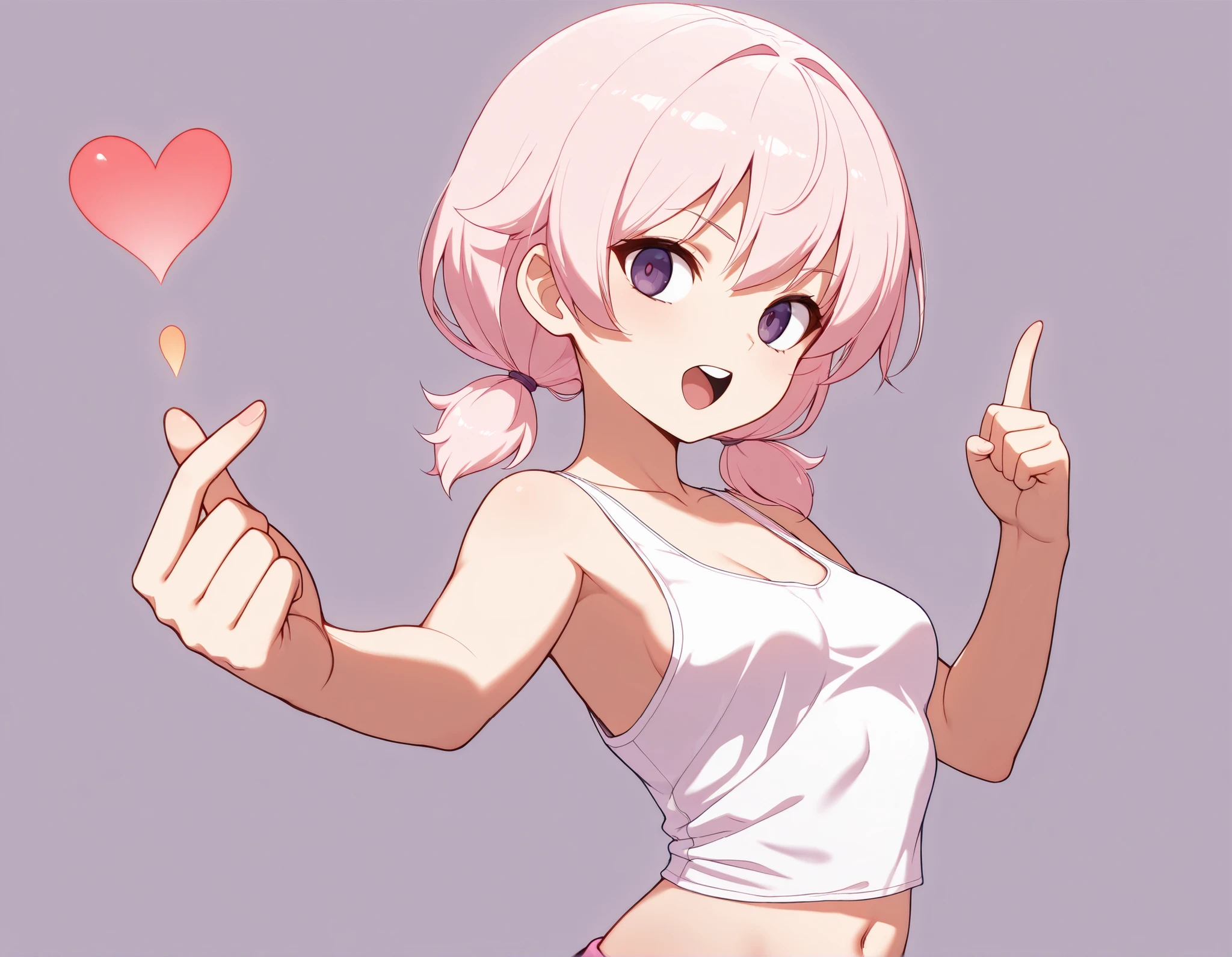 masterpiece,best quality, masterpiece,masterpiece,best quality,ultra detailed, (The crossed thumb and index finger resemble a heart), Dynamic pose, navel, Front teeth, (Small breasts), White tank top, sheer clothing, belly button, ((Detailed dark purple eyes)), highly detailed face, ((light pink short hair)), ((light pink hair)), ((low tied pigtails)), (turn around),