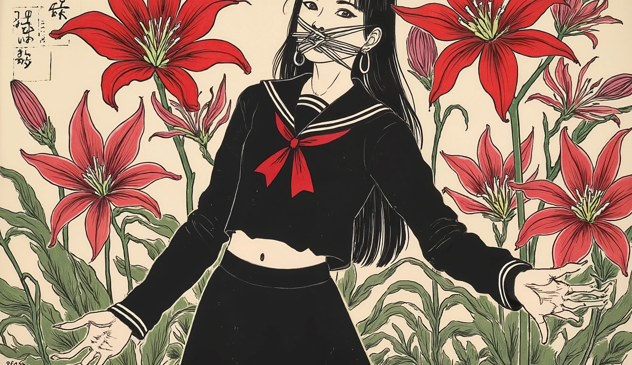 nsfw,nipple cutout,1 girl,beautiful face,turime,black hair,long straight hair ,Bob,hime cut, long hair,((wearing Japanese school black sailor uniform with mini black skirt, red ribbon,long  sleeve,navel)), (rope gagged mouth:1.3),horror,creepy,erotic,Nihonga,Japanese painting style,,(vivid color:1.5),sharp line,(red spider lily),dynamic pose,detailed image,((black,red)),scarlet, 　　　　　　By Taiyo Matsumoto,ishin_japanhorror,tsukioka1 Japanese woodblock print ukiyo-e,junji ito style,　　　　　　