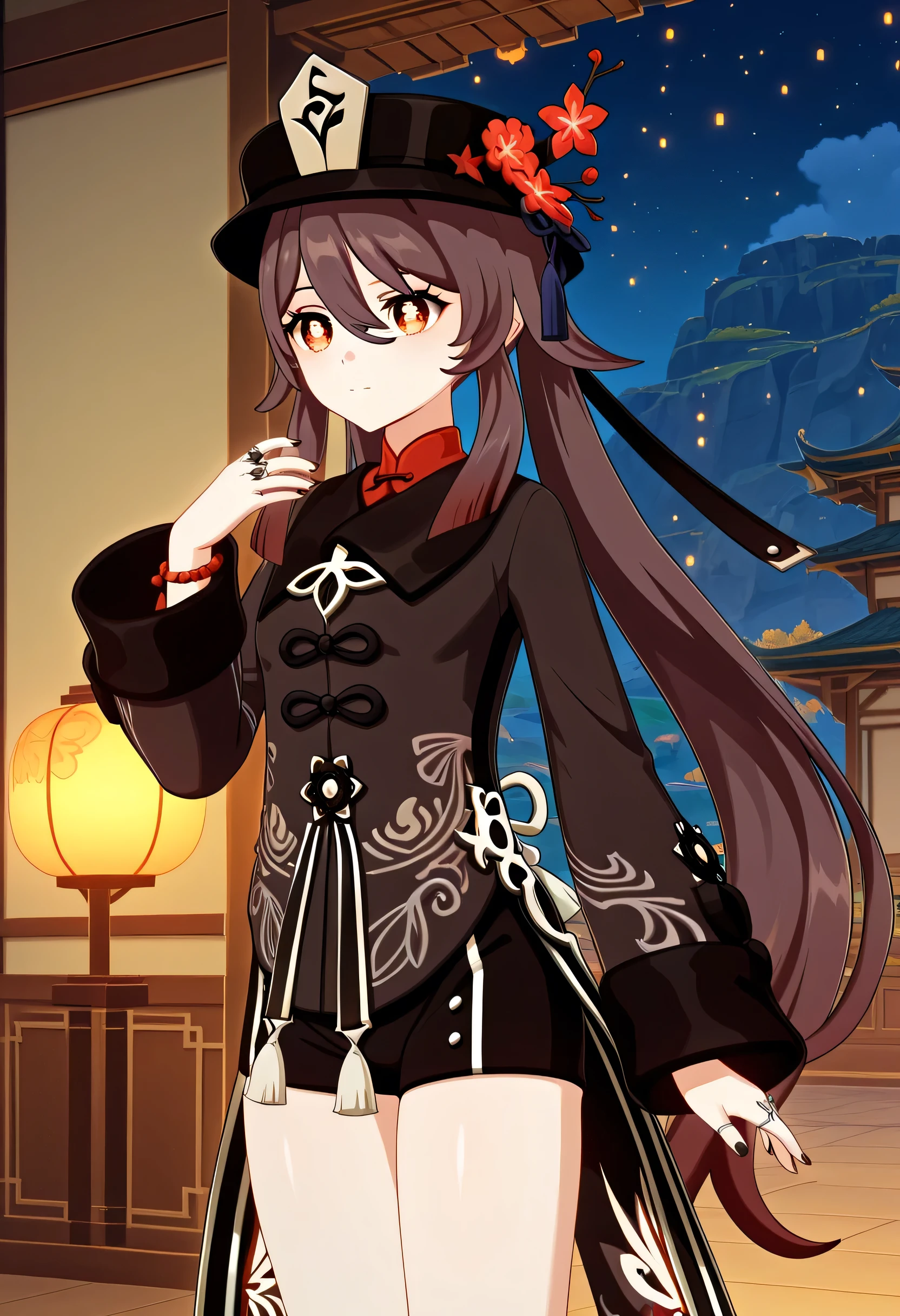 score_9 , score_8_up , score_7_source_anime detailed eyes,anime eyes,high detail eyes,multicolored iris,detailed iris,anime style, 4k masterpiece, best quality, girl, beautiful face, clean skin, shiny hair, shiny skin, beautiful face, perfect eyes, 4k high quality eyes, high quality brightness, best quality, 4k very aesthetic, absurd, perfect body quality, beautiful curves, perfect, perfect , beautiful ambient light, beautiful aesthetics, very realistic scenery, 4k high quality, masterpiece, best quality, absurd, latest, high resolution, official art, best quality, absurd, latest, high resolution, official art, screenshot, anime screenshot, anime coloring, 1girl 3d hutao, hu tao (genshin impact), long hair, bangs, brown hair, red eyes, hair between eyes, twintails, sidelocks, symbol-shaped pupils, mature female, small , 3d, long sleeves, hat, jewelry, flower, shorts, wide sleeves, coat, chinese clothes, black shorts, ring, black nails, hat ornament, hat flower