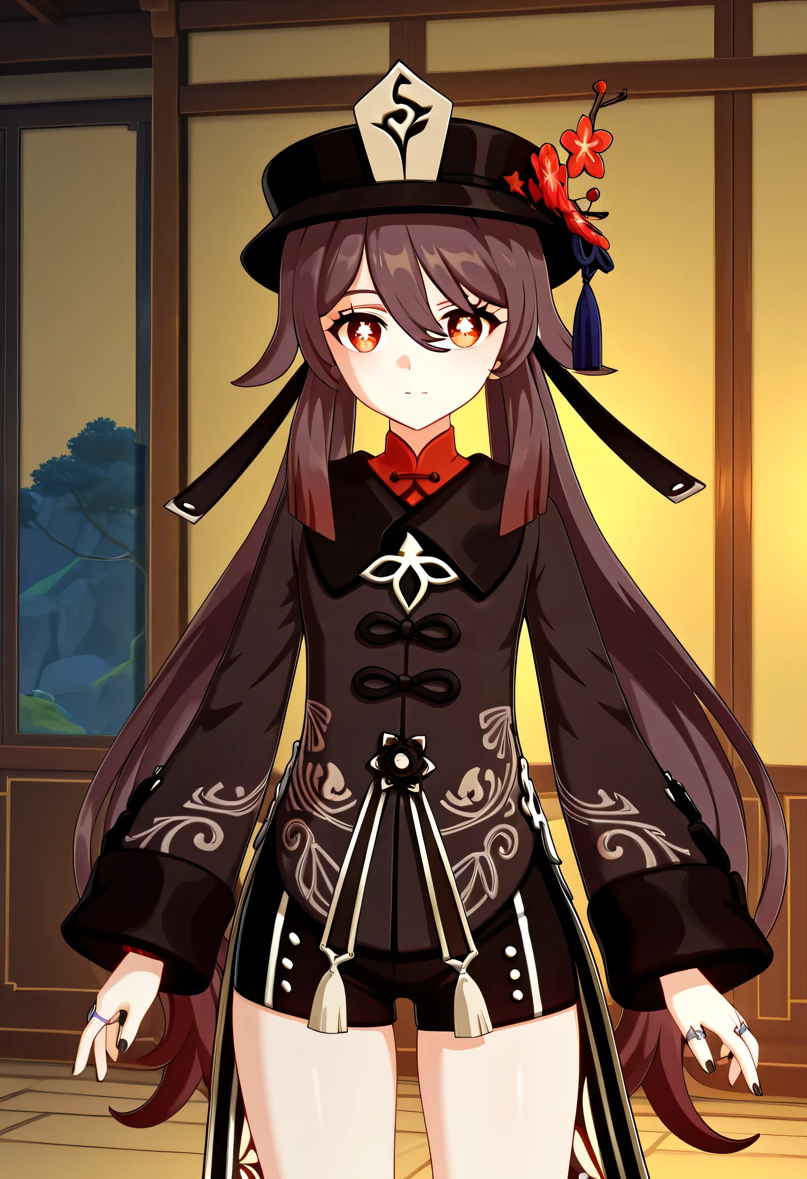 score_9 , score_8_up , score_7_source_anime detailed eyes,anime eyes,high detail eyes,multicolored iris,detailed iris,anime style, 4k masterpiece, best quality, girl, beautiful face, clean skin, shiny hair, shiny skin, beautiful face, perfect eyes, 4k high quality eyes, high quality brightness, best quality, 4k very aesthetic, absurd, perfect body quality, beautiful curves, perfect, perfect , beautiful ambient light, beautiful aesthetics, very realistic scenery, 4k high quality, masterpiece, best quality, absurd, latest, high resolution, official art, best quality, absurd, latest, high resolution, official art, screenshot, anime screenshot, anime coloring, 1girl 3d hutao, hu tao (genshin impact), long hair, bangs, brown hair, red eyes, hair between eyes, twintails, sidelocks, symbol-shaped pupils, mature female, small , 3d, long sleeves, hat, jewelry, flower, shorts, wide sleeves, coat, chinese clothes, black shorts, ring, black nails, hat ornament, hat flower