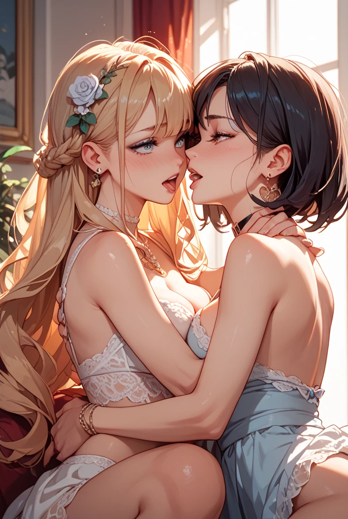 there is a woman and woman kissing each other in a room, kiss, kissing, kissing together cutely, romance, kiss mouth to mouth, yummy, the kiss, making out, wonderful scene, couple kissing, lovely kiss, holy, shot from movie, kissing together, kissing each other, marton gyula kiss ( kimagu ), absolutely, very attractive