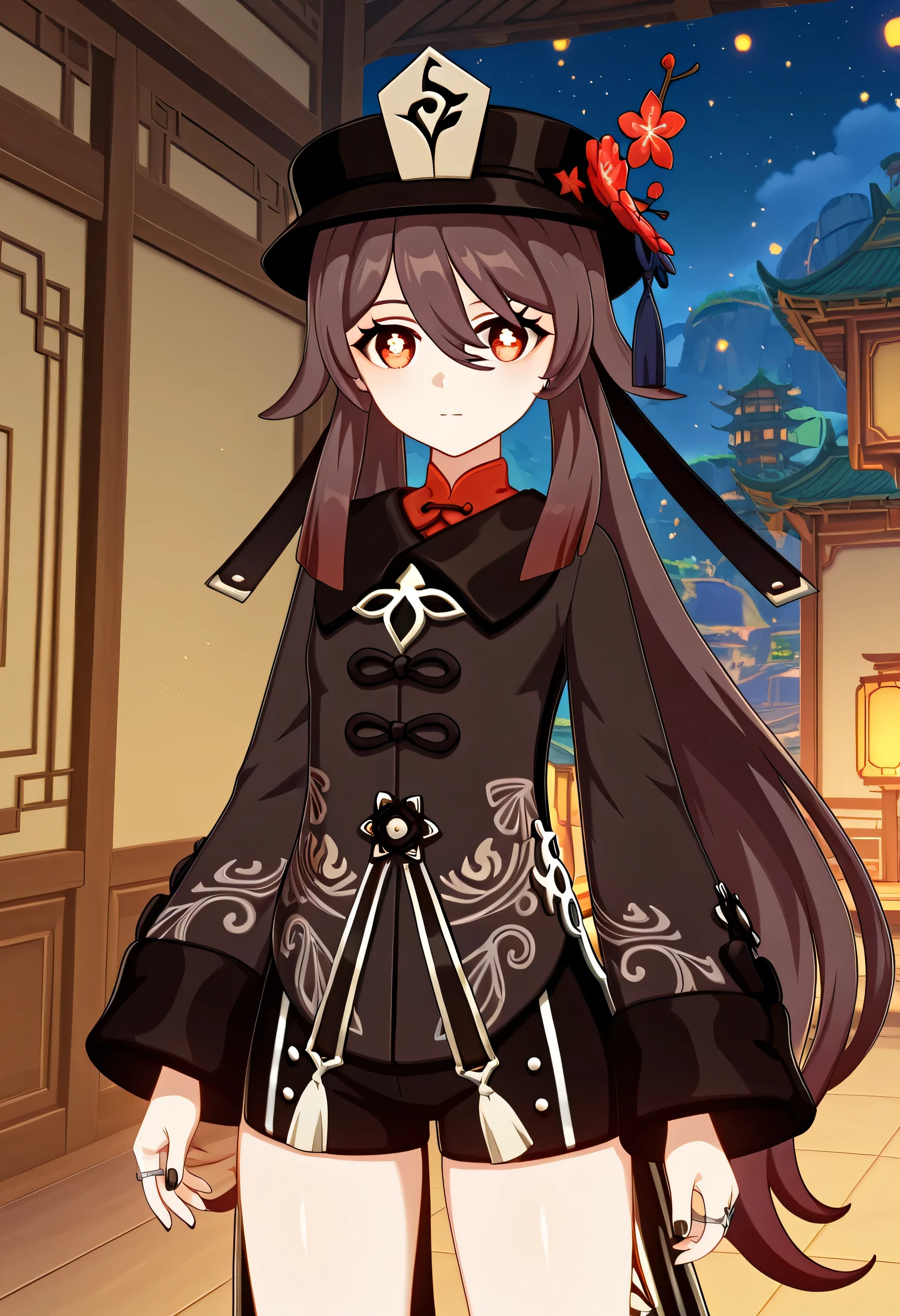 score_9 , score_8_up , score_7_source_anime detailed eyes,anime eyes,high detail eyes,multicolored iris,detailed iris,anime style, 4k masterpiece, best quality, girl, beautiful face, clean skin, shiny hair, shiny skin, beautiful face, perfect eyes, 4k high quality eyes, high quality brightness, best quality, 4k very aesthetic, absurd, perfect body quality, beautiful curves, perfect, perfect , beautiful ambient light, beautiful aesthetics, very realistic scenery, 4k high quality, masterpiece, best quality, absurd, latest, high resolution, official art, best quality, absurd, latest, high resolution, official art, screenshot, anime screenshot, anime coloring, 1girl 3d hutao, hu tao (genshin impact), long hair, bangs, brown hair, red eyes, hair between eyes, twintails, sidelocks, symbol-shaped pupils, mature female, small , 3d, long sleeves, hat, jewelry, flower, shorts, wide sleeves, coat, chinese clothes, black shorts, ring, black nails, hat ornament, hat flower