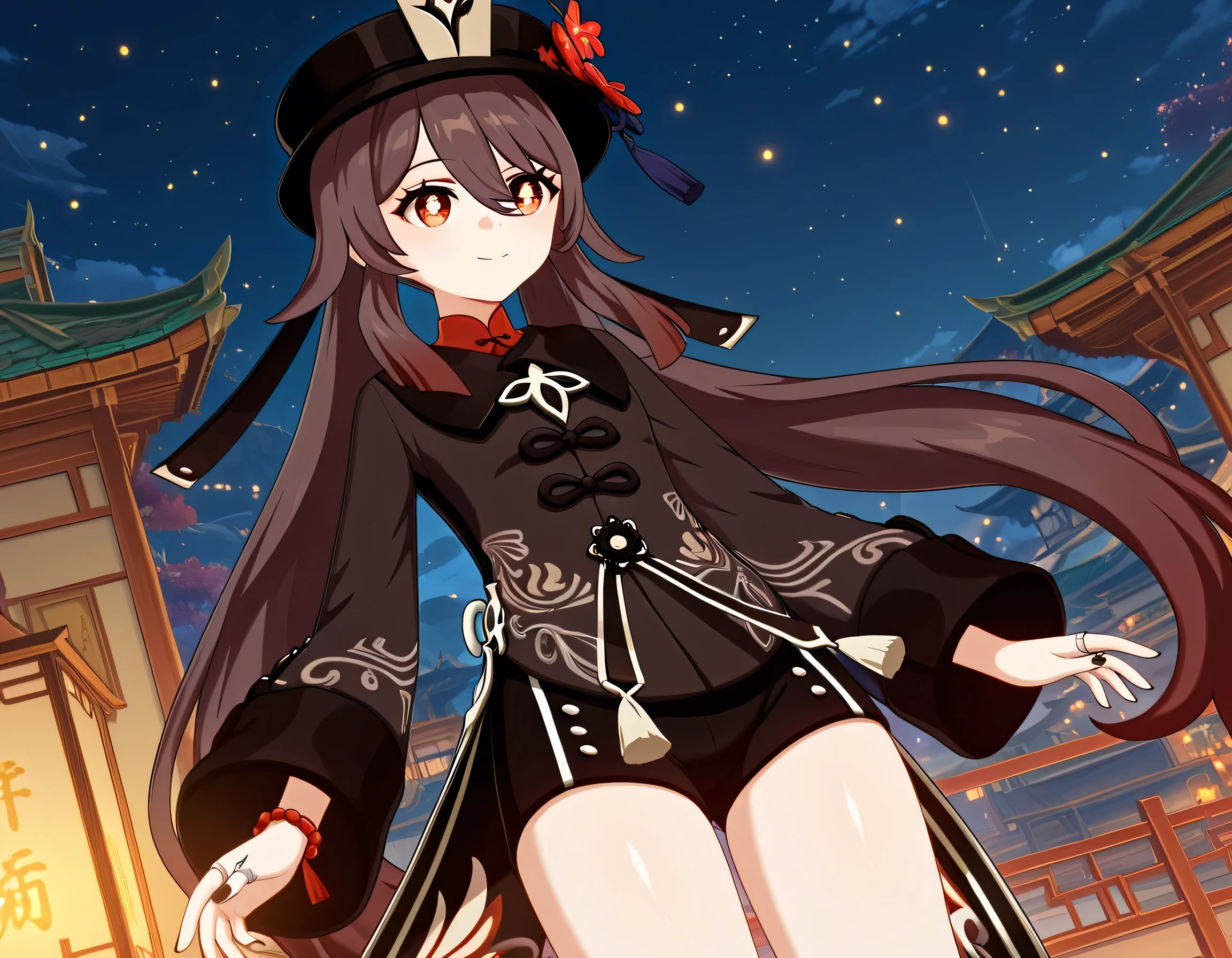 score_9 , score_8_up , score_7_source_anime detailed eyes,anime eyes,high detail eyes,multicolored iris,detailed iris,anime style, 4k masterpiece, best quality, girl, beautiful face, clean skin, shiny hair, shiny skin, beautiful face, perfect eyes, 4k high quality eyes, high quality brightness, best quality, 4k very aesthetic, absurd, perfect body quality, beautiful curves, perfect, perfect , beautiful ambient light, beautiful aesthetics, very realistic scenery, 4k high quality, masterpiece, best quality, absurd, latest, high resolution, official art, best quality, absurd, latest, high resolution, official art, screenshot, anime screenshot, anime coloring, 1girl 3d hutao, hu tao (genshin impact), long hair, bangs, brown hair, red eyes, hair between eyes, twintails, sidelocks, symbol-shaped pupils, mature female, small , 3d, long sleeves, hat, jewelry, flower, shorts, wide sleeves, coat, chinese clothes, black shorts, ring, black nails, hat ornament, hat flower