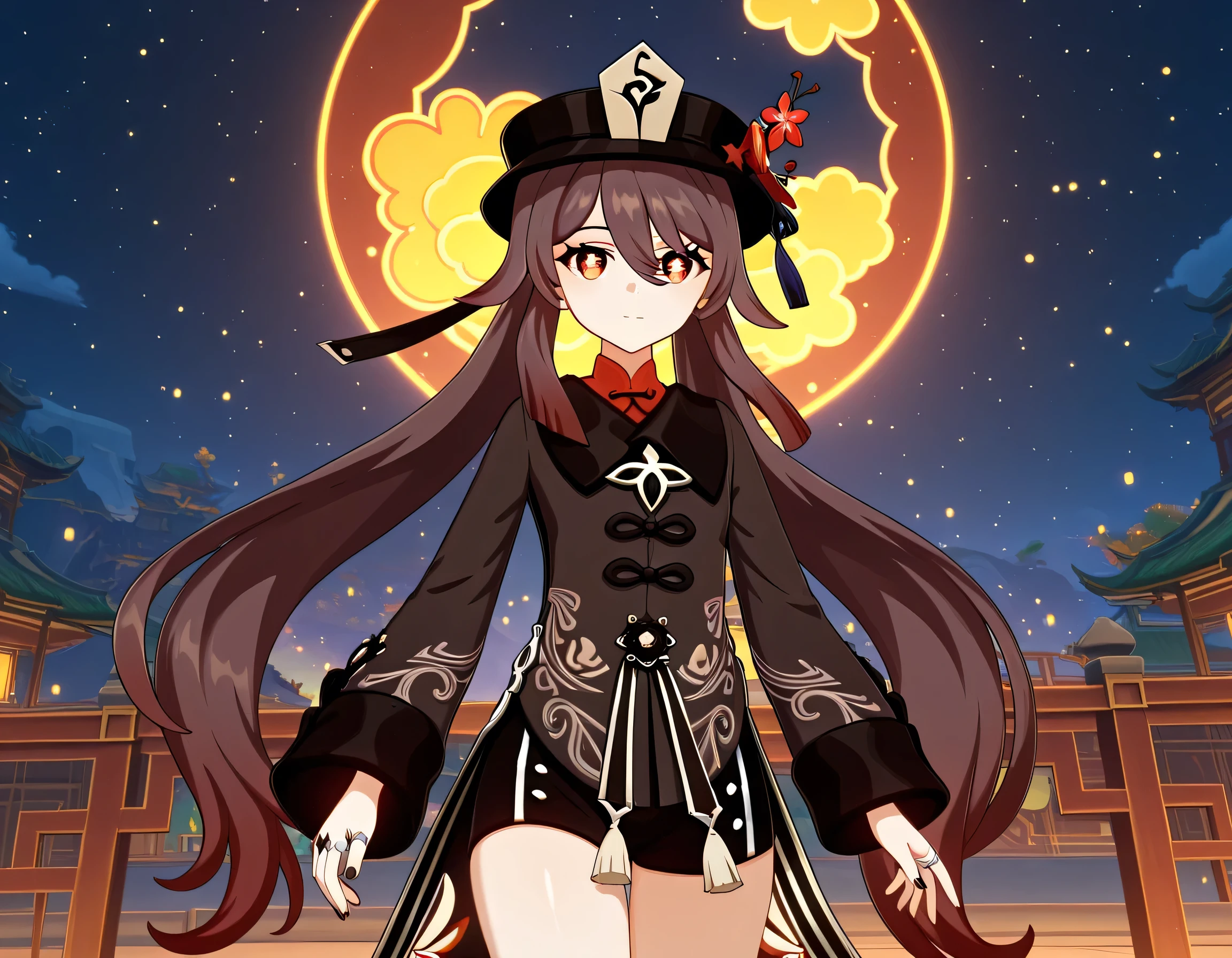 score_9 , score_8_up , score_7_source_anime detailed eyes,anime eyes,high detail eyes,multicolored iris,detailed iris,anime style, 4k masterpiece, best quality, girl, beautiful face, clean skin, shiny hair, shiny skin, beautiful face, perfect eyes, 4k high quality eyes, high quality brightness, best quality, 4k very aesthetic, absurd, perfect body quality, beautiful curves, perfect, perfect , beautiful ambient light, beautiful aesthetics, very realistic scenery, 4k high quality, masterpiece, best quality, absurd, latest, high resolution, official art, best quality, absurd, latest, high resolution, official art, screenshot, anime screenshot, anime coloring, 1girl 3d hutao, hu tao (genshin impact), long hair, bangs, brown hair, red eyes, hair between eyes, twintails, sidelocks, symbol-shaped pupils, mature female, small , 3d, long sleeves, hat, jewelry, flower, shorts, wide sleeves, coat, chinese clothes, black shorts, ring, black nails, hat ornament, hat flower