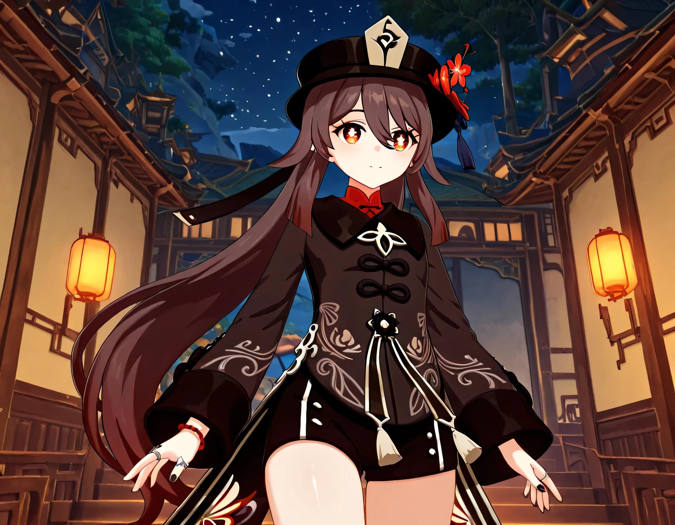 score_9 , score_8_up , score_7_source_anime detailed eyes,anime eyes,high detail eyes,multicolored iris,detailed iris,anime style, 4k masterpiece, best quality, girl, beautiful face, clean skin, shiny hair, shiny skin, beautiful face, perfect eyes, 4k high quality eyes, high quality brightness, best quality, 4k very aesthetic, absurd, perfect body quality, beautiful curves, perfect, perfect , beautiful ambient light, beautiful aesthetics, very realistic scenery, 4k high quality, masterpiece, best quality, absurd, latest, high resolution, official art, best quality, absurd, latest, high resolution, official art, screenshot, anime screenshot, anime coloring, 1girl 3d hutao, hu tao (genshin impact), long hair, bangs, brown hair, red eyes, hair between eyes, twintails, sidelocks, symbol-shaped pupils, mature female, small , 3d, long sleeves, hat, jewelry, flower, shorts, wide sleeves, coat, chinese clothes, black shorts, ring, black nails, hat ornament, hat flower