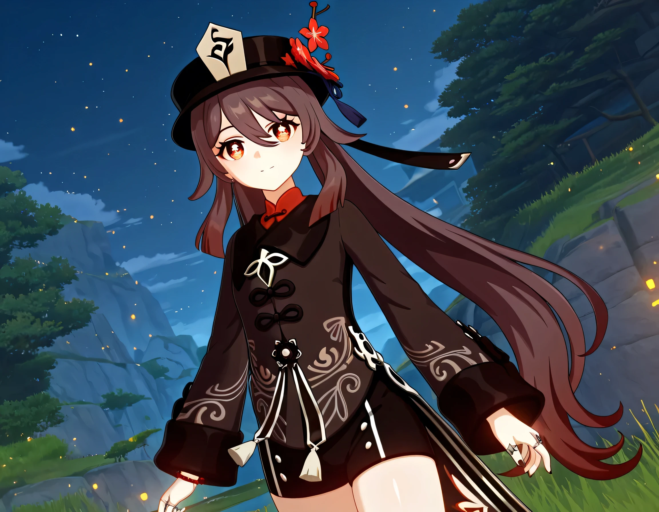 score_9 , score_8_up , score_7_source_anime detailed eyes,anime eyes,high detail eyes,multicolored iris,detailed iris,anime style, 4k masterpiece, best quality, girl, beautiful face, clean skin, shiny hair, shiny skin, beautiful face, perfect eyes, 4k high quality eyes, high quality brightness, best quality, 4k very aesthetic, absurd, perfect body quality, beautiful curves, perfect, perfect , beautiful ambient light, beautiful aesthetics, very realistic scenery, 4k high quality, masterpiece, best quality, absurd, latest, high resolution, official art, best quality, absurd, latest, high resolution, official art, screenshot, anime screenshot, anime coloring, 1girl 3d hutao, hu tao (genshin impact), long hair, bangs, brown hair, red eyes, hair between eyes, twintails, sidelocks, symbol-shaped pupils, mature female, small , 3d, long sleeves, hat, jewelry, flower, shorts, wide sleeves, coat, chinese clothes, black shorts, ring, black nails, hat ornament, hat flower