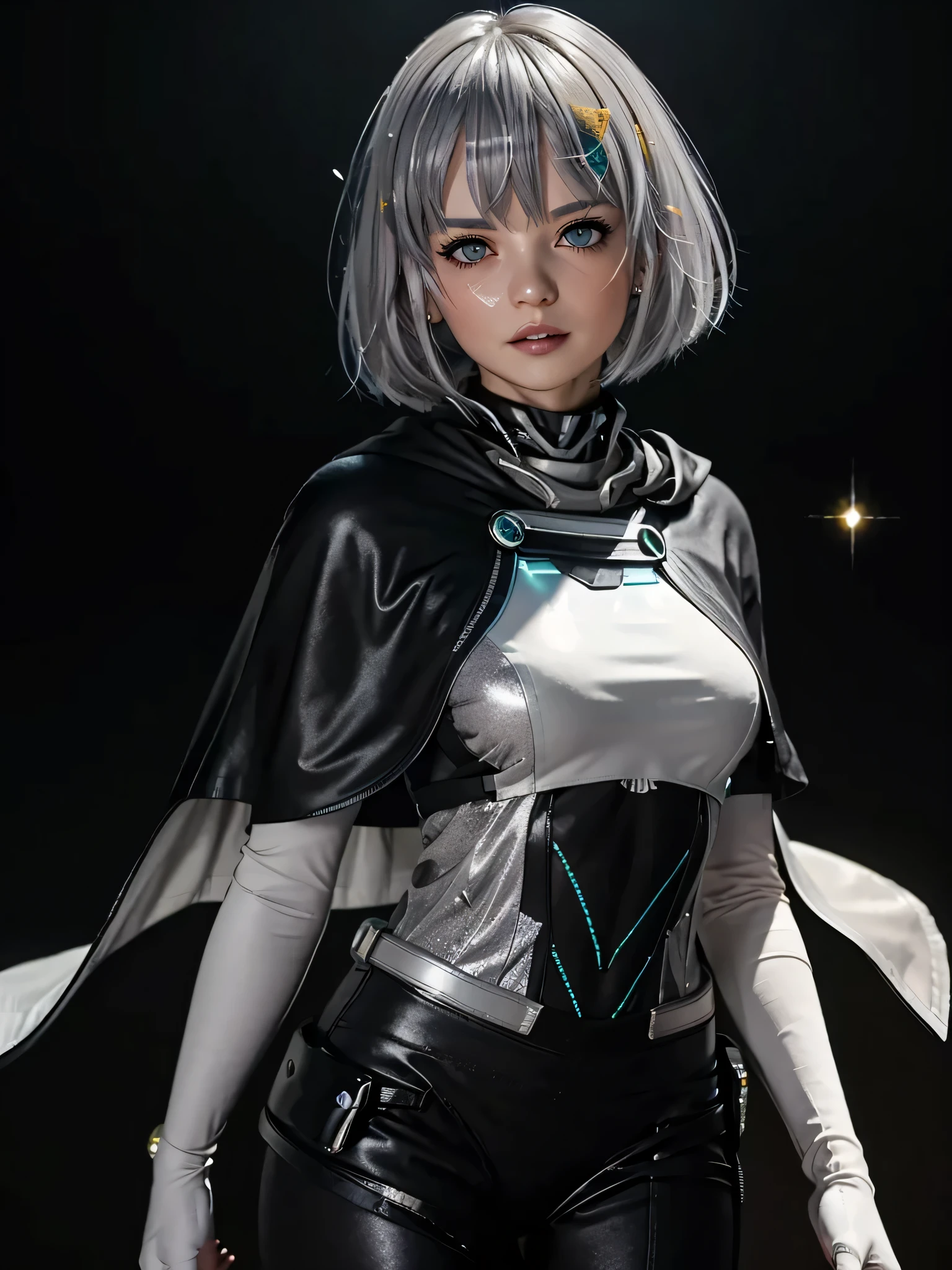 1girl, glowing silver glitter, (((glitter on cheeks))), white hair, white bob, blunt bangs, (grey eyes), bored eyes, flat expression, cybernetic hair clips, (black bodysuit), (((black sci-fi capelet))), slender body, flat chest, shock gloves, belts, greenscreen background, blank background