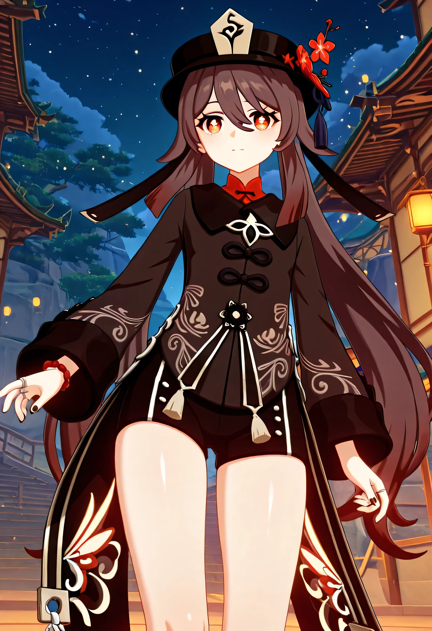 score_9 , score_8_up , score_7_source_anime detailed eyes,anime eyes,high detail eyes,multicolored iris,detailed iris,anime style, 4k masterpiece, best quality, girl, beautiful face, clean skin, shiny hair, shiny skin, beautiful face, perfect eyes, 4k high quality eyes, high quality brightness, best quality, 4k very aesthetic, absurd, perfect body quality, beautiful curves, perfect, perfect , beautiful ambient light, beautiful aesthetics, very realistic scenery, 4k high quality, masterpiece, best quality, absurd, latest, high resolution, official art, best quality, absurd, latest, high resolution, official art, screenshot, anime screenshot, anime coloring, 1girl 3d hutao, hu tao (genshin impact), long hair, bangs, brown hair, red eyes, hair between eyes, twintails, sidelocks, symbol-shaped pupils, mature female, small , 3d, long sleeves, hat, jewelry, flower, shorts, wide sleeves, coat, chinese clothes, black shorts, ring, black nails, hat ornament, hat flower