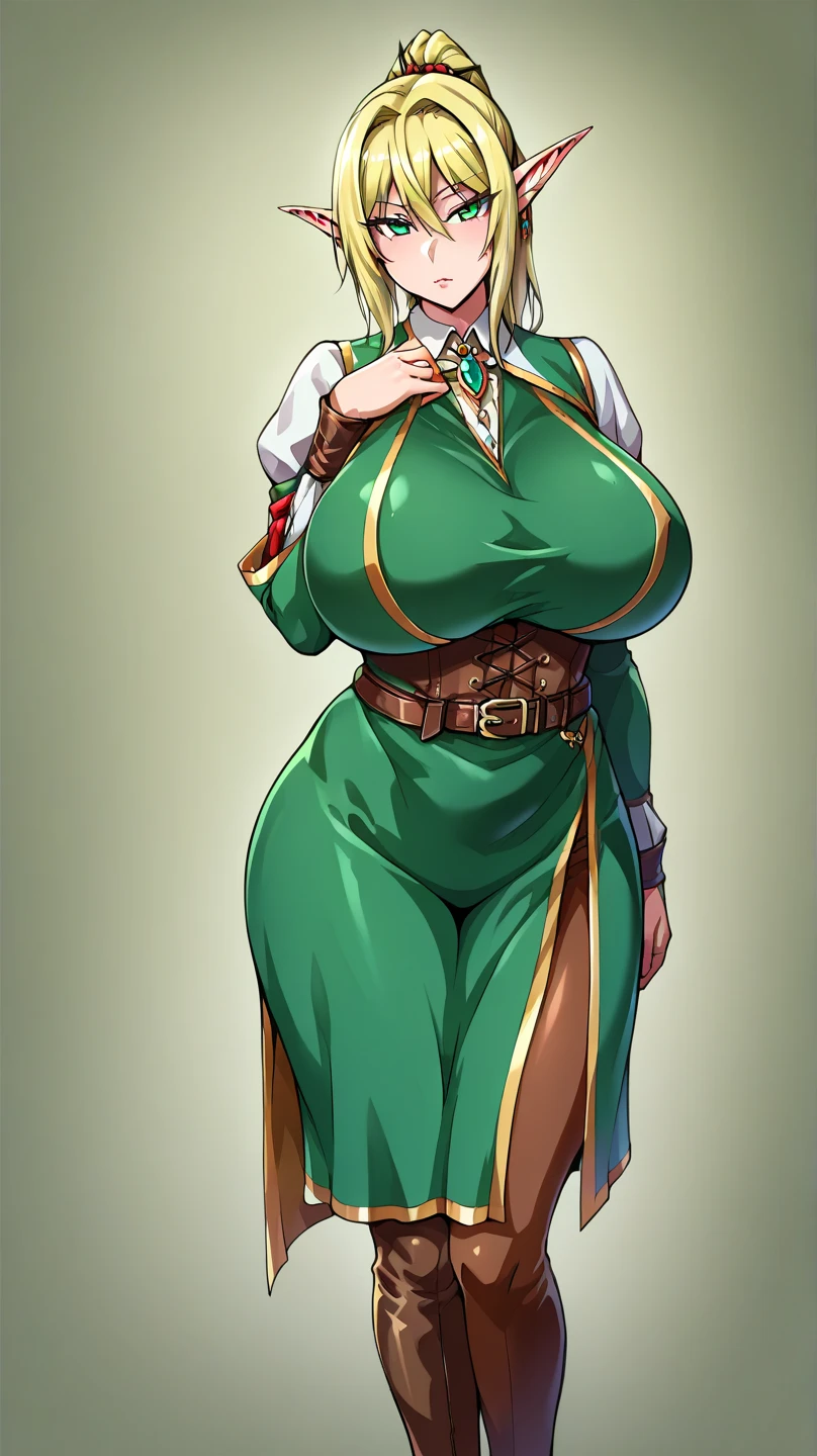 A woman with short bob haircut white silver platinum hair, choppy bangs, arched crescent eyebrows, sharp and determined eyes, a delicate oval face, a serious expression, a fantasy-style dark green military coat, draped with a dark red cloak, leather combat boots, silver greaves leggings, this character embodies a finely crafted fantasy-style female military officer in anime style, exquisite and mature manga art style, pale skin, big breast knockers cleavage, ((Plain background 1:2)) (Cammy White Street Fighter white silver short bob haircut) Female full body standing straight symmetrical looking to the viewer RED full body armored (handcuffs, shackles, rerebrace, faulds, poleyn, gauntlets, leather collar choker, gloves, gauntlets,  high boots bootstraps, black stockings) 2 crossing big belt under belly button, navel, abs, garter straps belts attaching bra ((hands on hips)) view from below, wide hips, dog ears and tail, Roxanne demikin beast girl
