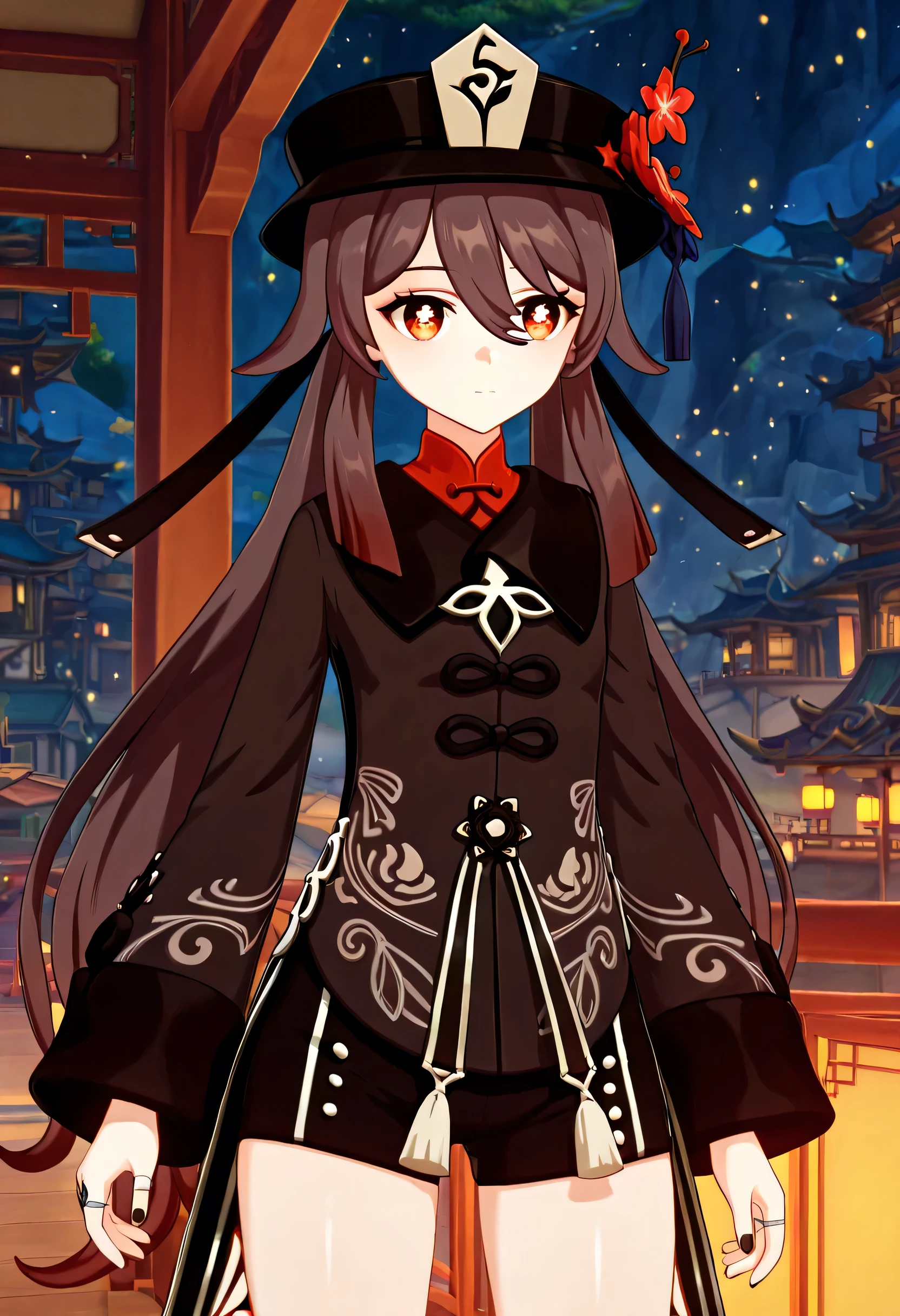 score_9 , score_8_up , score_7_source_anime detailed eyes,anime eyes,high detail eyes,multicolored iris,detailed iris,anime style, 4k masterpiece, best quality, girl, beautiful face, clean skin, shiny hair, shiny skin, beautiful face, perfect eyes, 4k high quality eyes, high quality brightness, best quality, 4k very aesthetic, absurd, perfect body quality, beautiful curves, perfect, perfect , beautiful ambient light, beautiful aesthetics, very realistic scenery, 4k high quality, masterpiece, best quality, absurd, latest, high resolution, official art, best quality, absurd, latest, high resolution, official art, screenshot, anime screenshot, anime coloring, 1girl 3d hutao, hu tao (genshin impact), long hair, bangs, brown hair, red eyes, hair between eyes, twintails, sidelocks, symbol-shaped pupils, mature female, small , 3d, long sleeves, hat, jewelry, flower, shorts, wide sleeves, coat, chinese clothes, black shorts, ring, black nails, hat ornament, hat flower