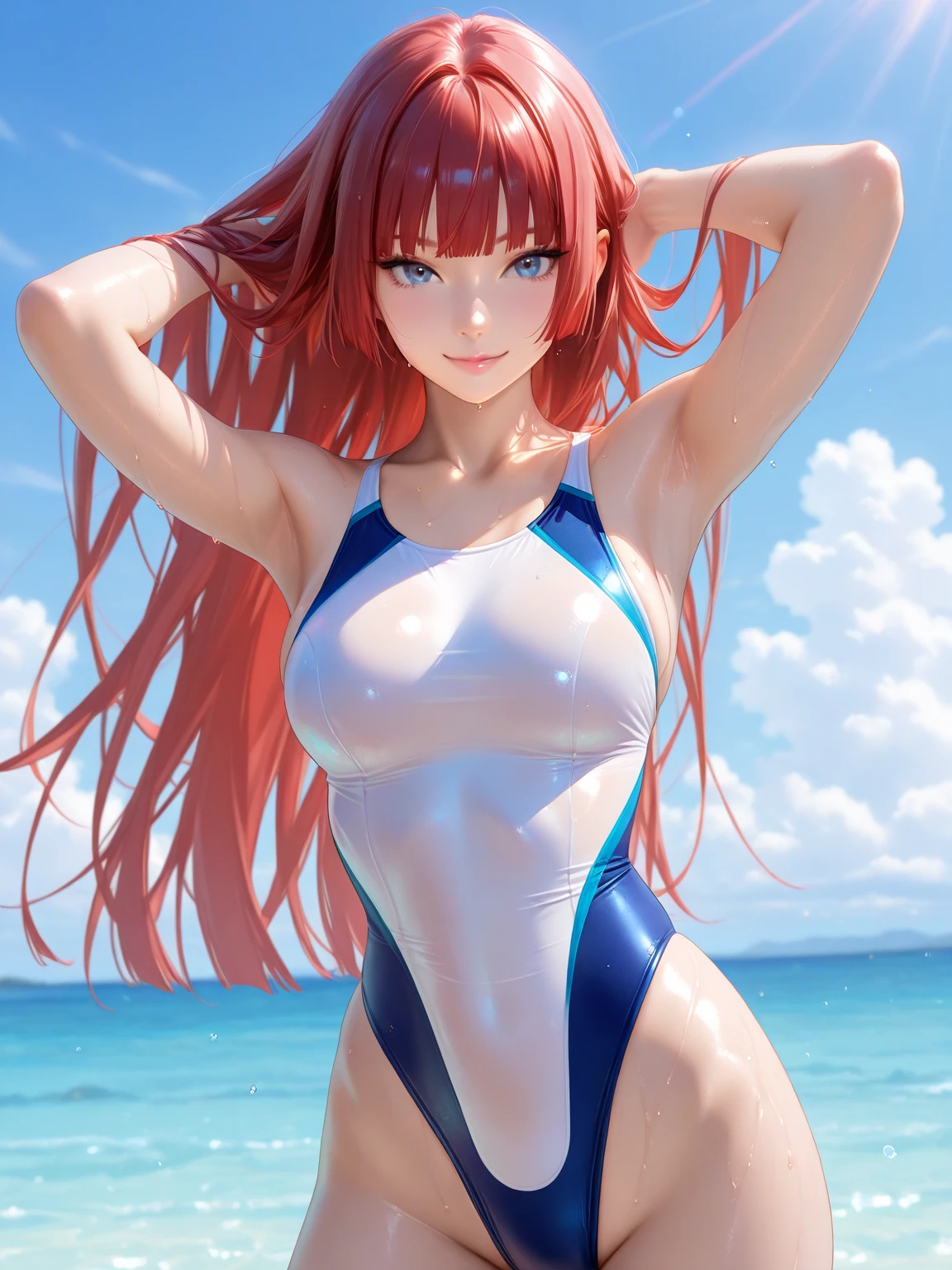 sexy woman、(Woman with dark red hair:1.3)、straight hair woman、Long hair woman、((Beautiful busty woman:1.3))、(A woman wearing a navy blue one-piece school swimsuit:1.6)、nice sexy body、one woman、beach、sandy beach、Woman with a big smile、Playing by the water