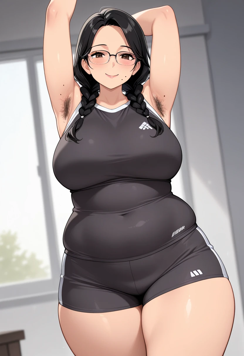 ((high res)), (Masterpiece), perfect ???????, perfect shading, field of depth, (best quality), extremely delicate and beautiful, perfect lighting, detailed face, ultra cute face, cute, (cowboy shot 1.2), looking at viewer, full body, ((1girl)), ((solo)),

long hair, pony tail, black hair, green eyes, (((blush))), embarrassed, shy, (sports bra 1.2), (yoga pants1.2), extremely tight clothes, medium breasts, cleavage, perky breasts, (wide hips), (((thick thighs))), (plump),

coffee shop, intricate background, detailed background, standing, hand on hip, belly grab,