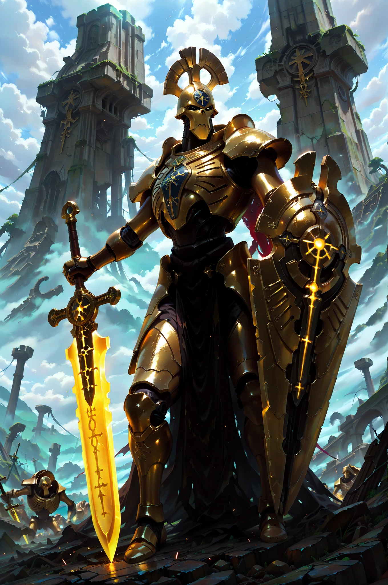 (masterpiece, best quality:1.2), highly detailed, fantasy theme, solo, 1 golem , golden armor, bearer heavy shield and long sword a ruins on background, fan art,