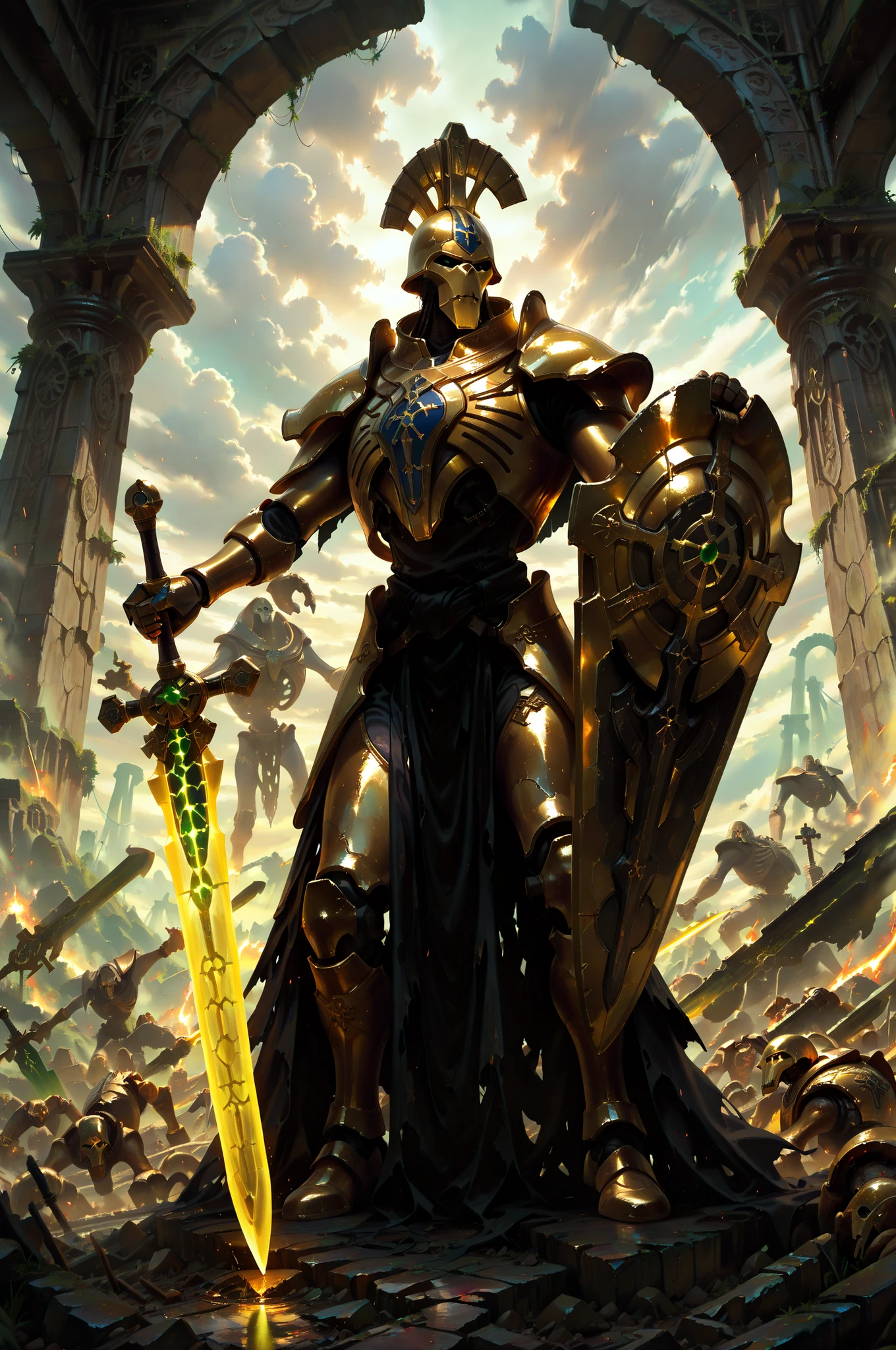 (masterpiece, best quality:1.2), highly detailed, fantasy theme, solo, 1 golem , golden armor, bearer heavy shield and long sword a ruins on background, fan art,