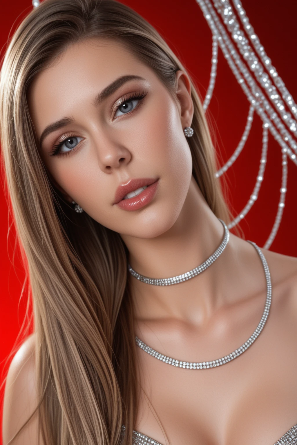 score_9, score_8_up, score_7_up, score_6_up, high quality, high contrast, 1girl, supermodel, portrait, red hair, short hair, white highlights, brown eyes, large breasts, rhinestone heart earrings, <lora:rhinestone_heart_earrings_mabusius_pony_v1.1:0.75>, dark background