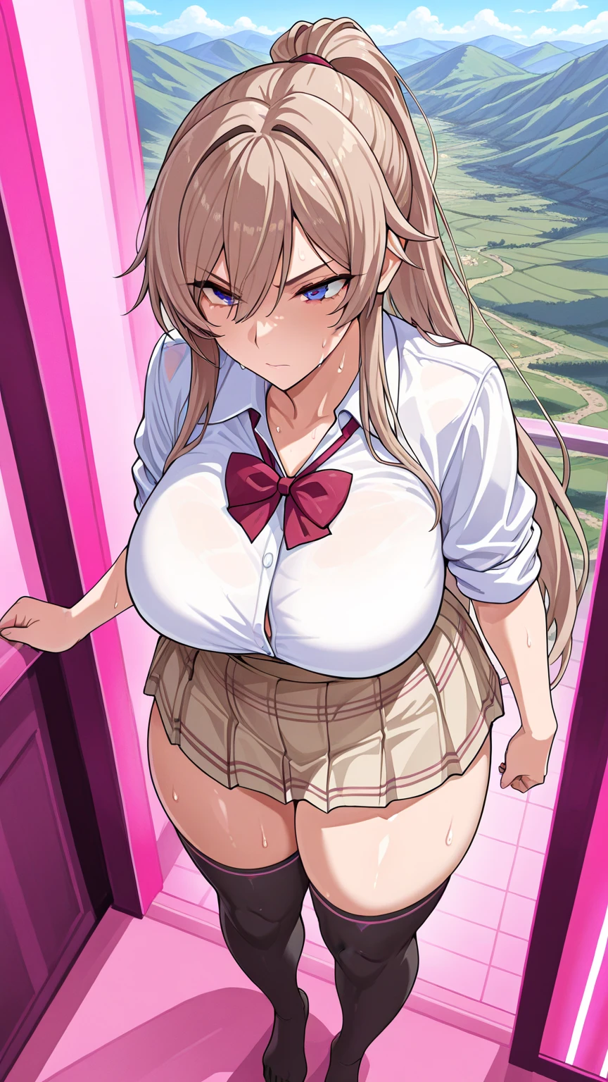 (nsfw),masterpiece,ultra detailed,sharp focus,4k digital art,high resolution,adult gyaru,realistic,realistic skin,(from below,upskirt,),(dildo in pussy:1.2),(lifting own skirt),gigantic breasts,,(aroused and blushed:1.7),(blouse,black short skirt,necklace),(blonde hair,medium straight hair),(sweaty:1.2),(tanned skin:1.5),grinning,(trembling,flying heart-shapes:1.5),drooling,heart pupils,standing in train,skirt lifted,(pubic hair)